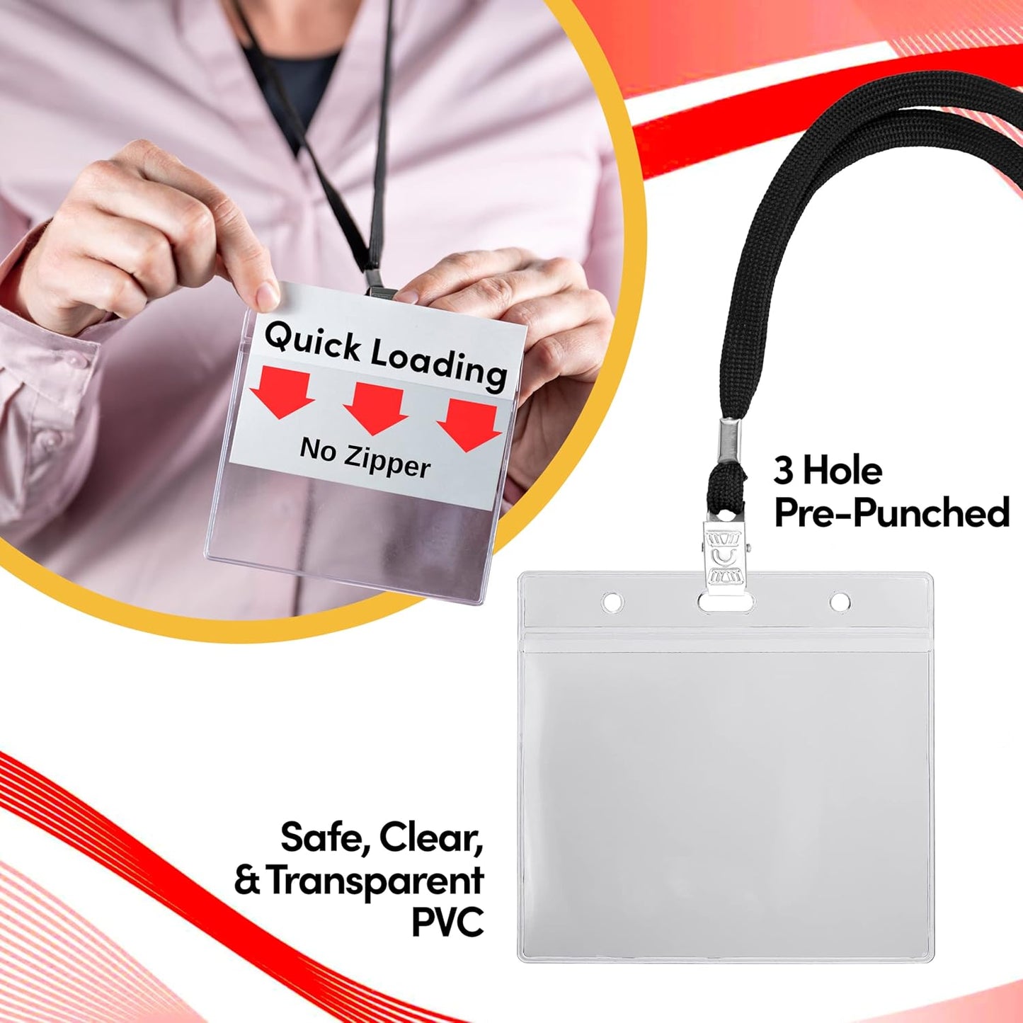 SEE-IT! 52 Sets Badge Holders with Lanyards Name Tag Holders and Lanyards 4x3 Size Quick Load No Zipper Name Tag Badge id Holders Clear Plastic (52)