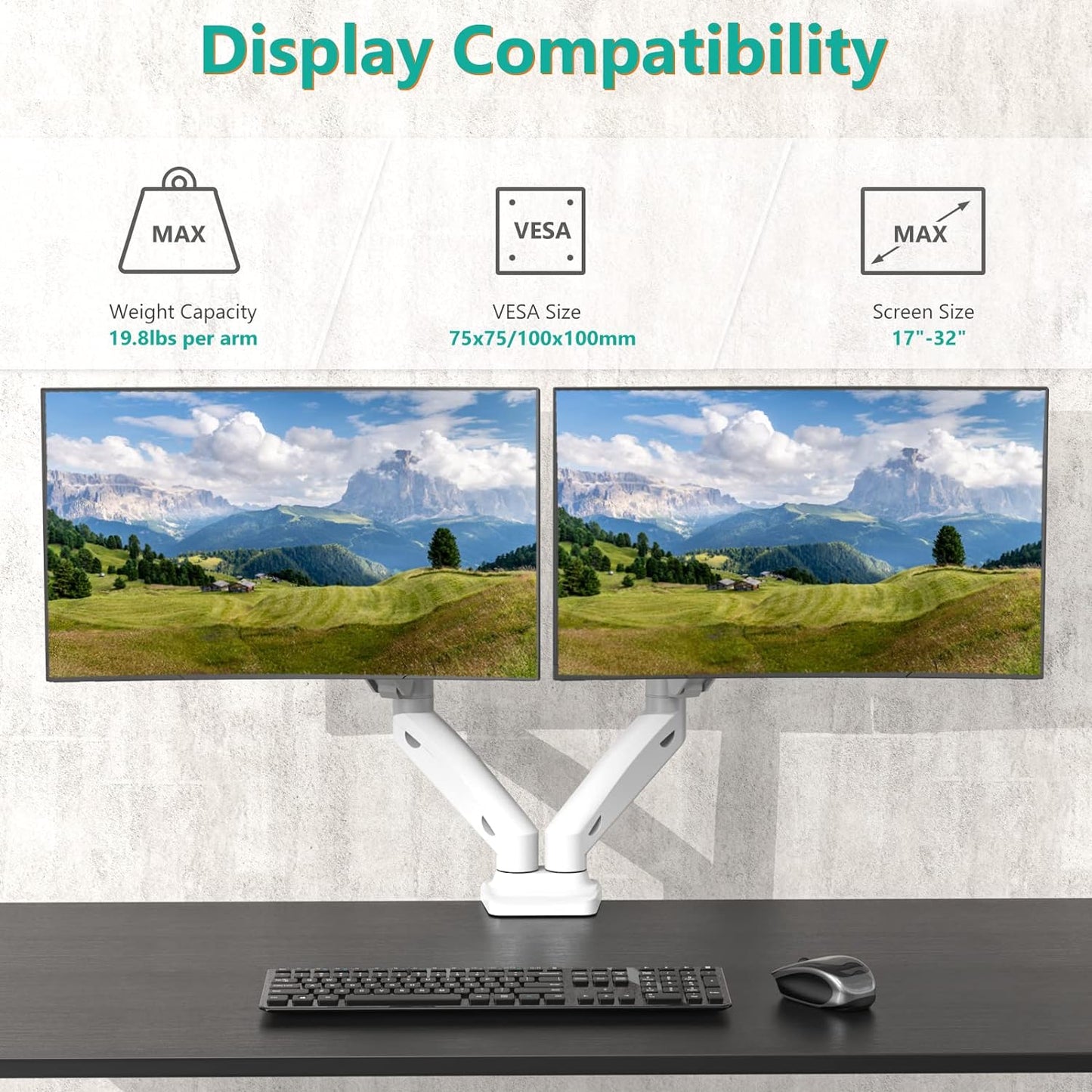 WALI Dual Monitor Stand, Adjustable Gas Spring Arm Monitor Mount for 2 Monitors up to 32 Inch,19.8lbs Capacity (GSMP002W), White by WALI