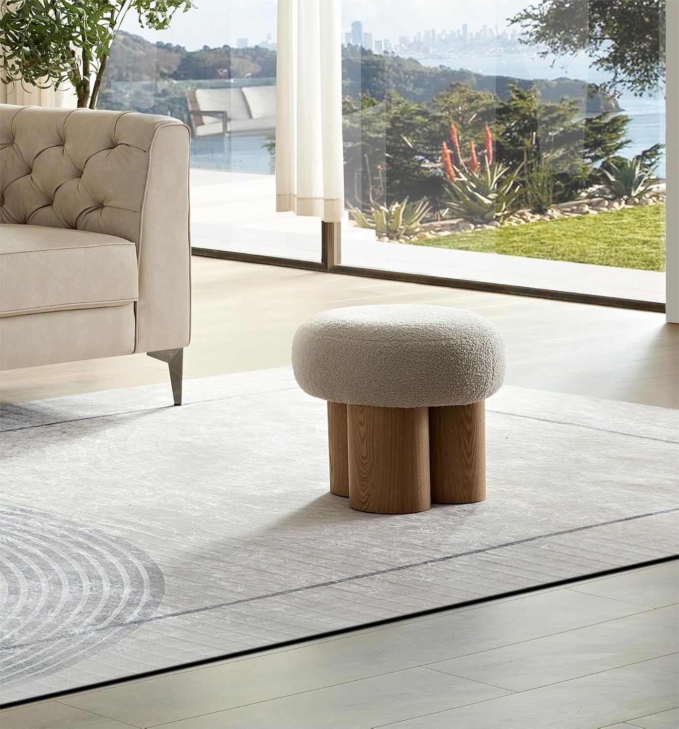 MEETAKING Small Round Foot Stool, Teddy Fabric Footrest Ottoman Stool with Non-Skid Legs, Modern Footstools Step for Couch, Desk, Office, Living Room (Beige)