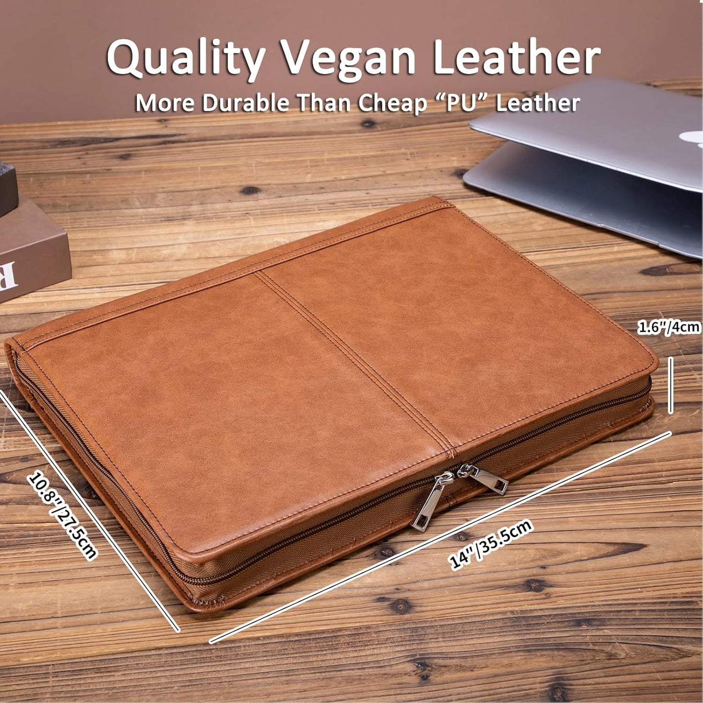 Personalized Leather Portfolio with 3 Ring Binder, Vegan Leather Padfolio Zippered, A4 Notebook Holder Customized Business Folder Organizer Gift for Men and Women, Brown