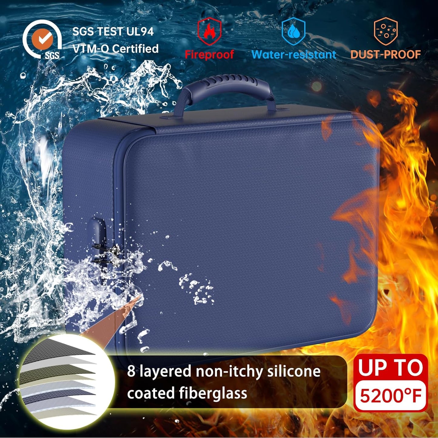 DocSafe 5200°F Document Organizer with Lock,Upgraded Heat Insulated Fireproof&Waterproof Box 8 Layers File Organizer,Portable Home Travel Safe Storage for Important Documents, Files,Blue (Soft)