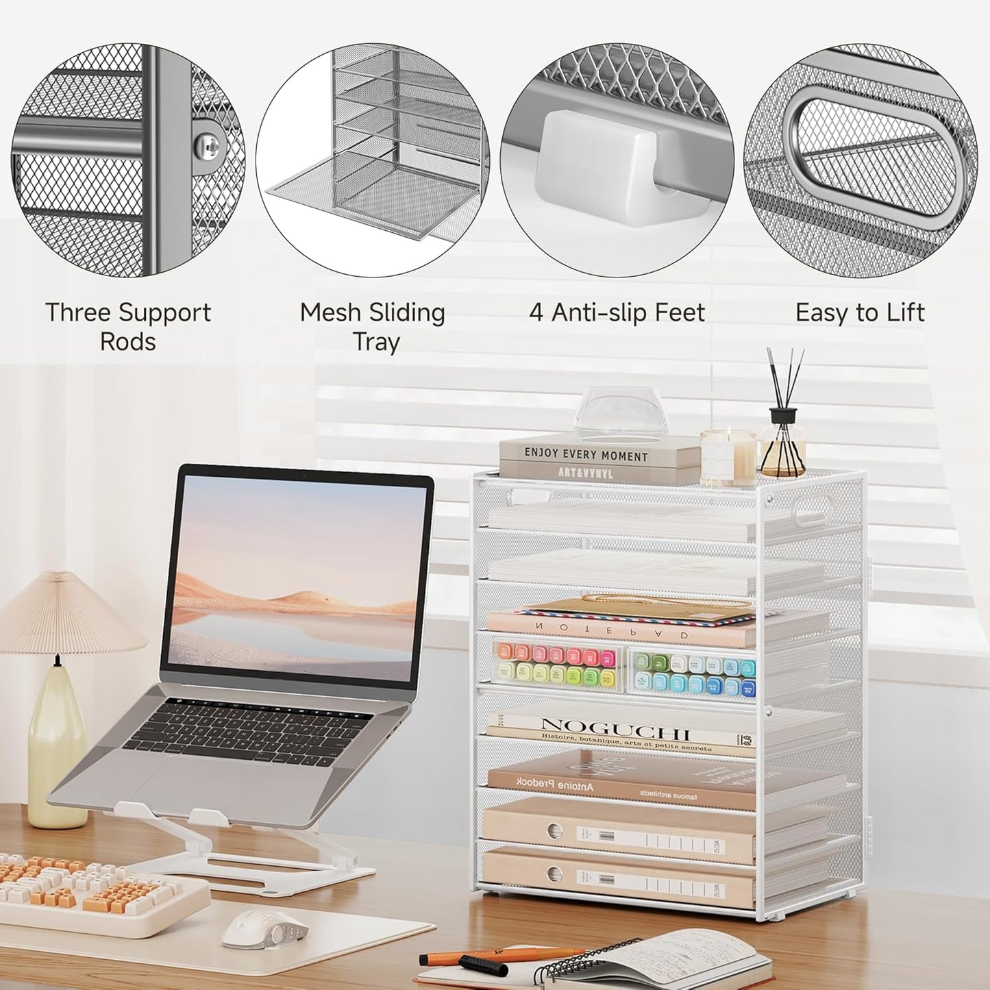 SUBEKYU 9 Tier Paper Letter Tray Desk Organizer with Handles - White Metal Mesh File Holder Paper Sorter Desk Organizer for Office Home School, Include 6 Pcs Adjustable Slid Tray, 6 Colors Available