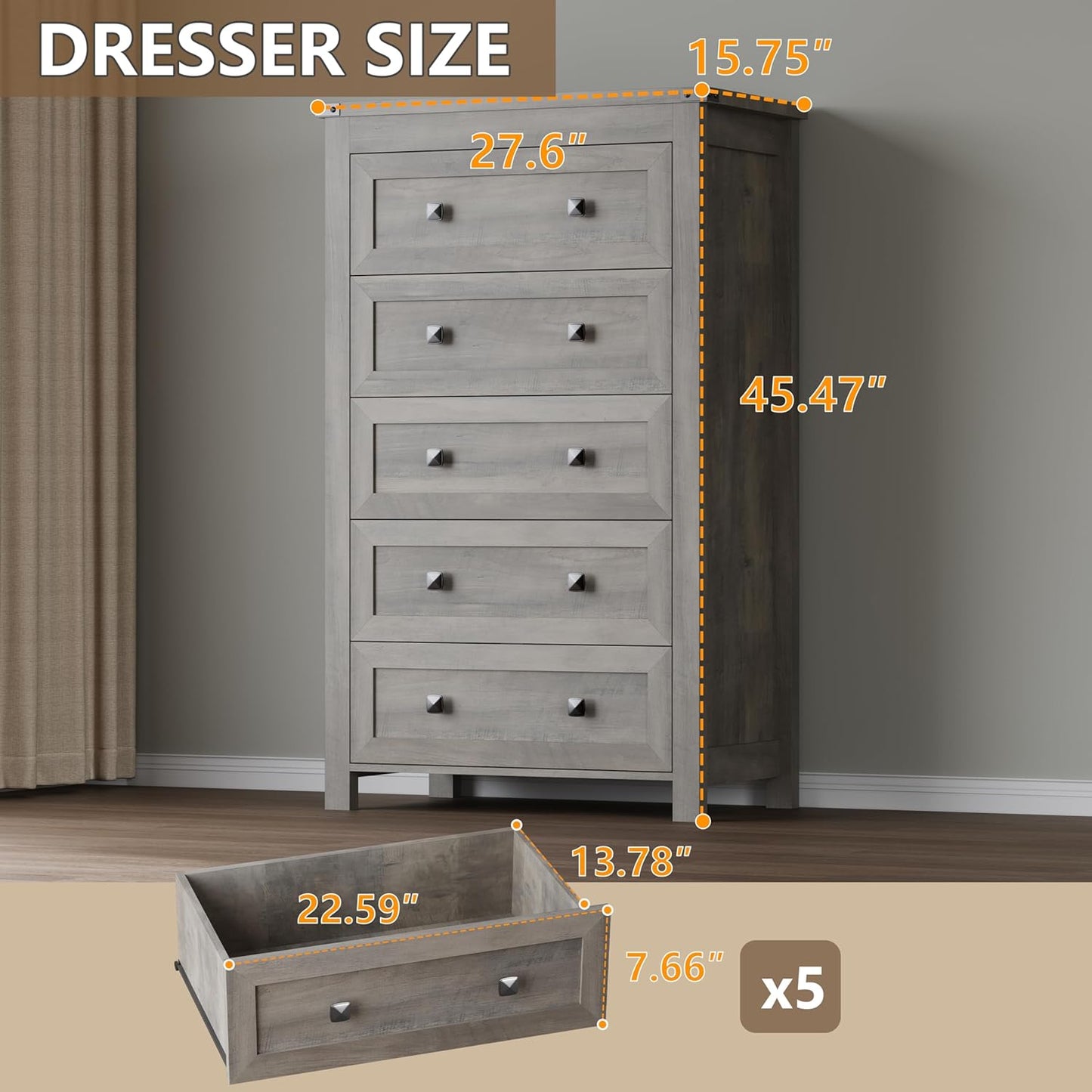 Tall 5-Drawer Dresser, Modern Wooden Storage Chest of Drawers, Dresser TV Stand, Wood Drawer Organizer with Metal Handles for Bedroom, Living Room, Hallway