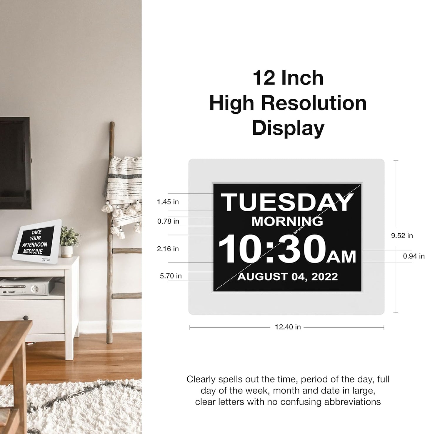 American Lifetime Dementia Clock 2025 Large Digital Display for Seniors with Day and Date, Alzheimer’s Calendar with Custom Alarms, 12-Inch Screen, Black