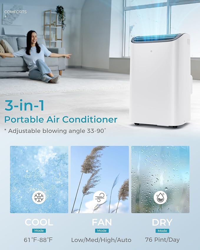 EUHOMY 12,000 BTU Portable Air Conditioners, 4-in-1 Portable Air Conditioner Up to 550 Sq.Ft, Portable AC Unit with Cool, Sleep, Dehumidifier, Fan Mode, Timer, Low Noise, Installation Kit, Apartment