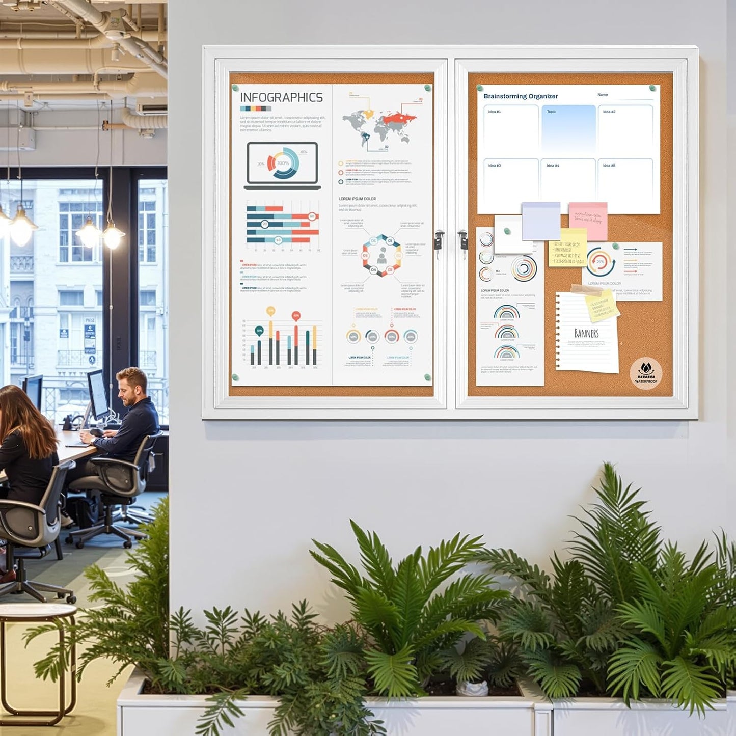 Outdoor Enclosed Cork Bulletin Board 44x32 Inch, Double Door Lockable Wall-Mounted Weatherproof Display Case, Tamperproof Notice Memo Poster Board with Aluminum Frame for Office, School, Community