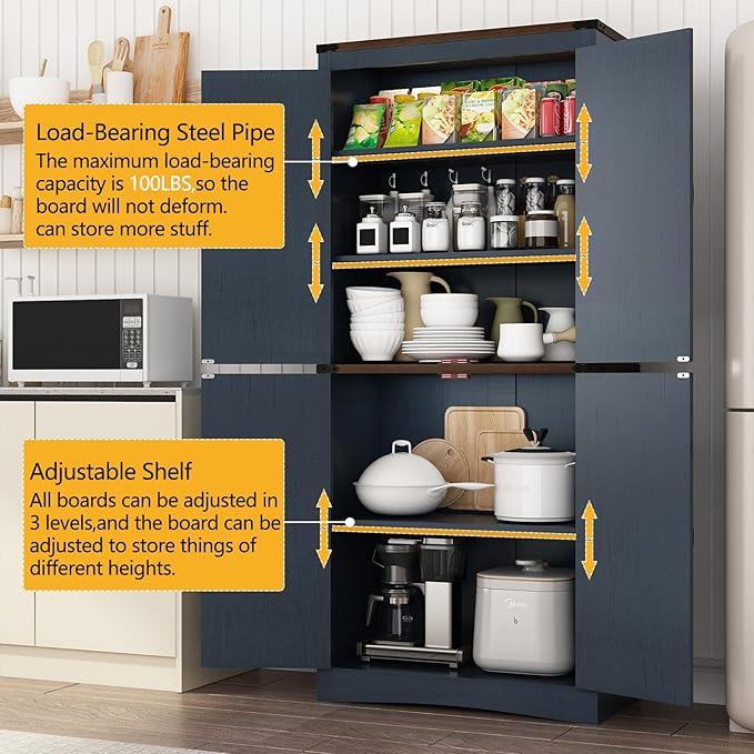 71in Farmhouse Kitchen Pantry Cabinet,Tall Storage Cabinet with 4 Doors and Adjustable shelves,with Load-Bearing Steel Pipe,Wood Storage Cabinets for Kitchen,Dining Room,Bathroom(Rustic Blue)