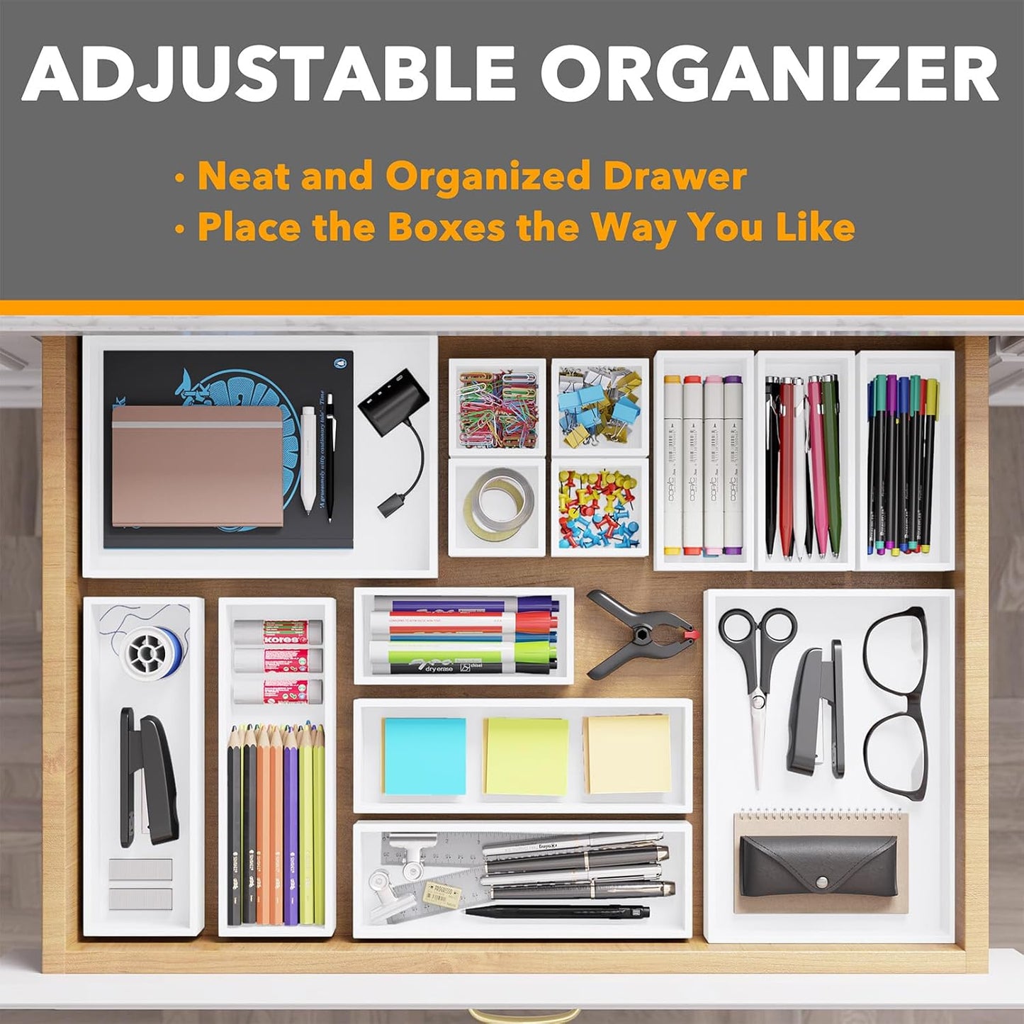 SpaceAid 14-Piece Bamboo Drawer Organizer Storage Boxes Set, Wood Tray Junk Drawer Organizers Multi-Use Divider Bins for Kitchen, Bathroom, Office Desk and Makeup Organization (14 Pack, White)