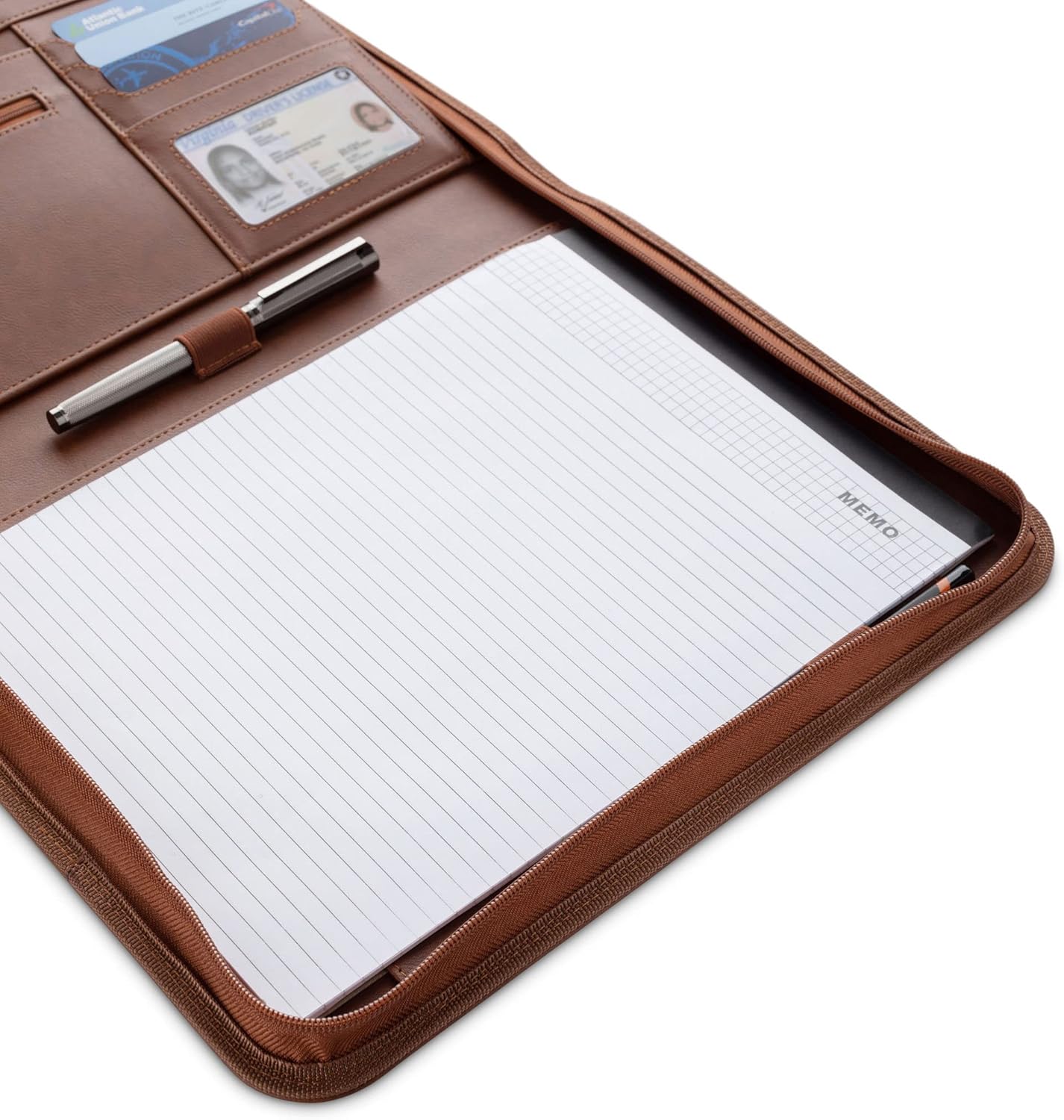 Padfolio Binder - Professional Faux Leather Travel Organizer Pouch for Tablet, Documents, Presentation Folders, Zipper Closure, Notepad - Brown