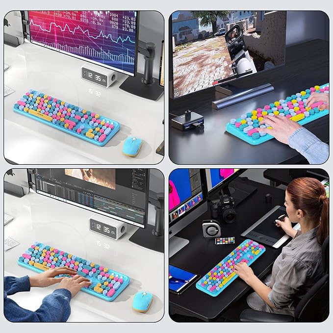 FOPETT Wireless Keyboard and Mouse Combo, 105 Keys Full-Sized 2.4 GHz Round Keycap Colorful Keyboards, USB Receiver Plug and Play, for Windows, Mac, PC, Laptop, Desktop (Blue Colorful)