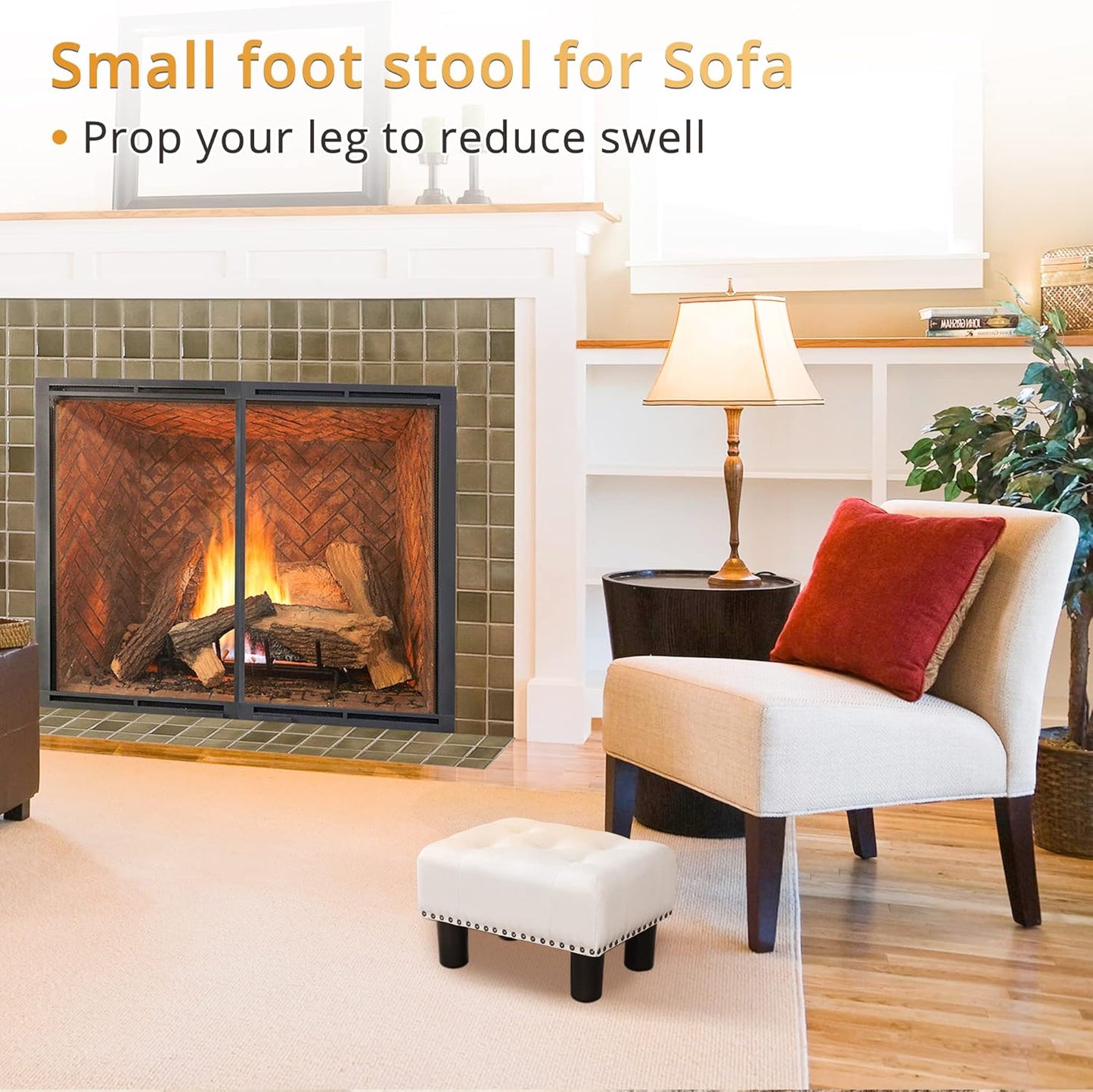 LUE BONA Small Tufted Foot Stool, Beige Rivet Fabric Ottoman with Plastic Legs, 9''H, Rectangle Footstool for Adult with Non-Slip Pads, Sofa Foot Rest for Living Room, Couch