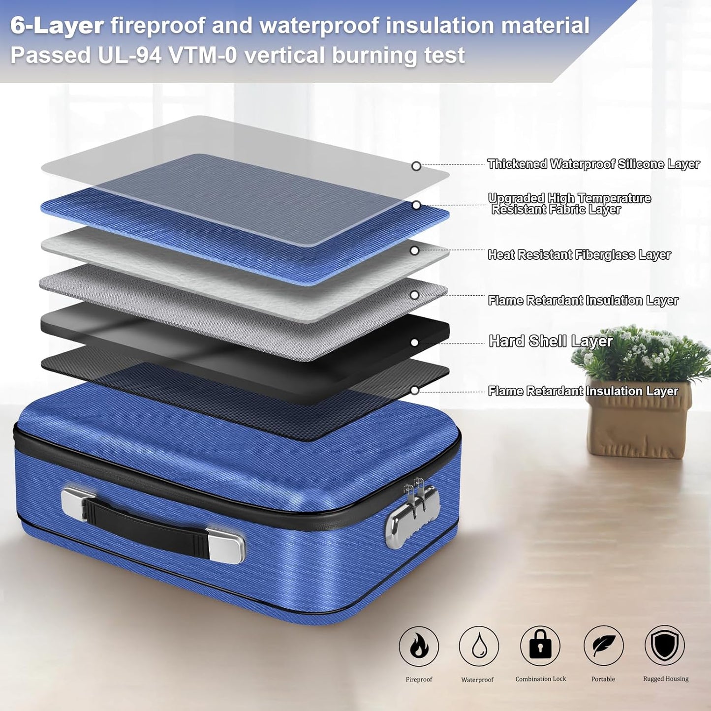 Fireproof Document Box, Hard Shell Fireproof Box, Document Organizer with Lock, Fireproof Water Resistant box, Portable Documents Safe Box for Important Document Certificates, Laptop, Passports, Blue