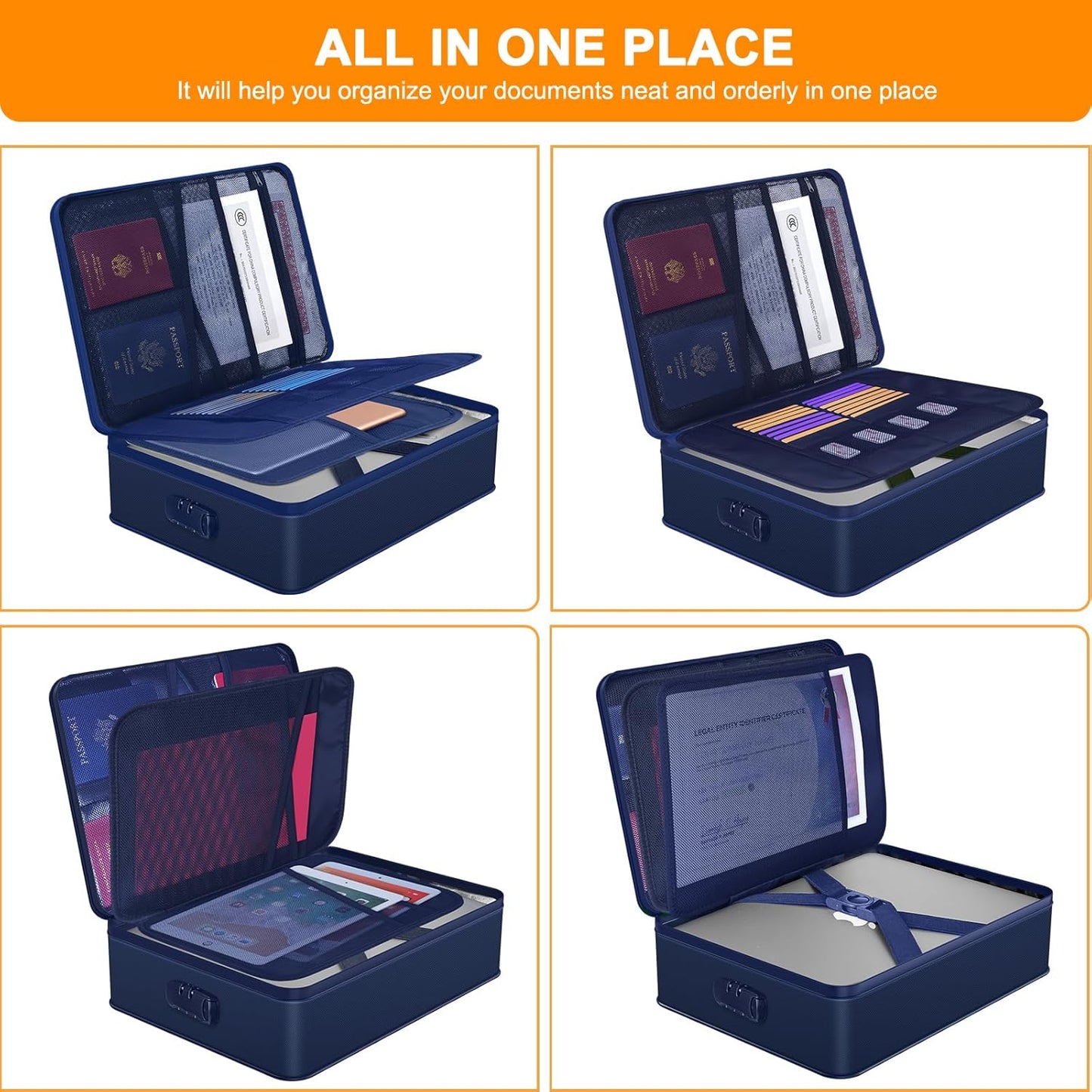 Document Organizer with 5200℉ Heat Insulated, 16.1"x11.4"x4.3" Waterproof and Fireproof Document Box with Lock, Home Strong Fireproof Safe Storage Box for Legal Size Documents and File,Blue