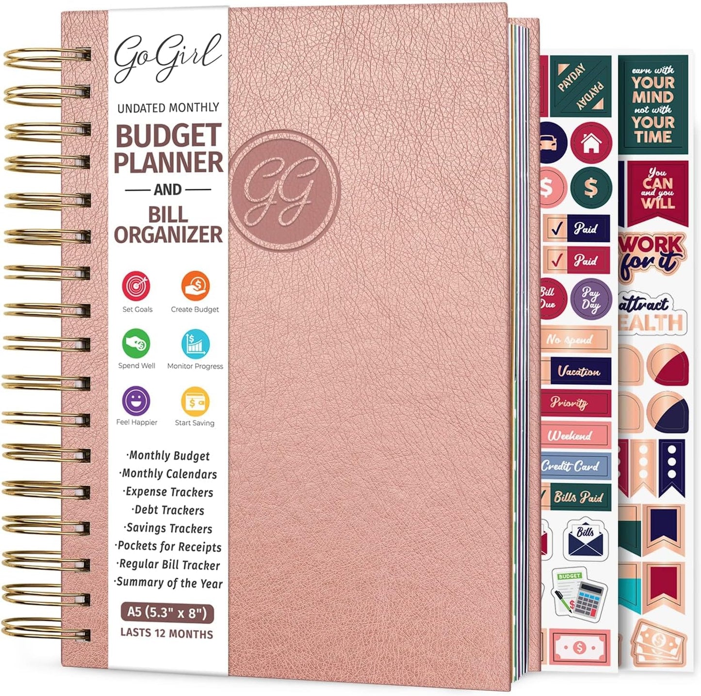 GoGirl Budget Planner & Monthly Bill Organizer – Monthly Financial Book with Pockets. Expense Tracker Notebook Journal, Compact (Rose Gold)