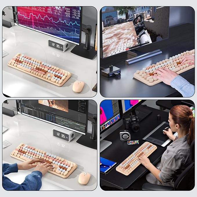 FOPETT Wireless Keyboard and Mouse Combo, 105 Keys Full-Sized 2.4 GHz Round Keycap Colorful Keyboards, USB Receiver Plug and Play, for Windows, Mac, PC, Laptop, Desktop (Milkteacolorful)