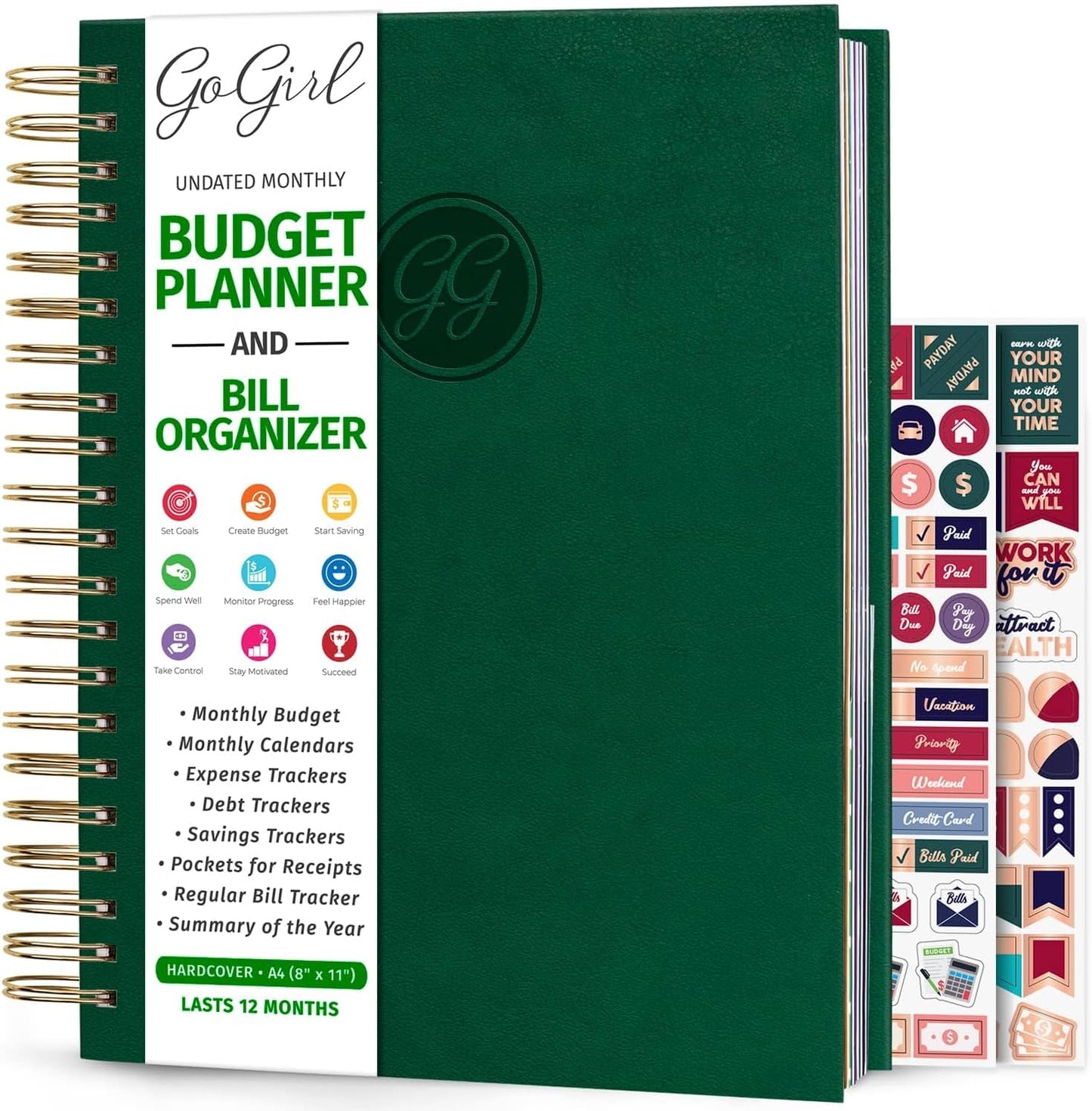 GoGirl Budget Planner & Monthly Bill Organizer – Monthly Financial Book with Pockets. Expense Tracker Notebook Journal, Large (Dark Green)
