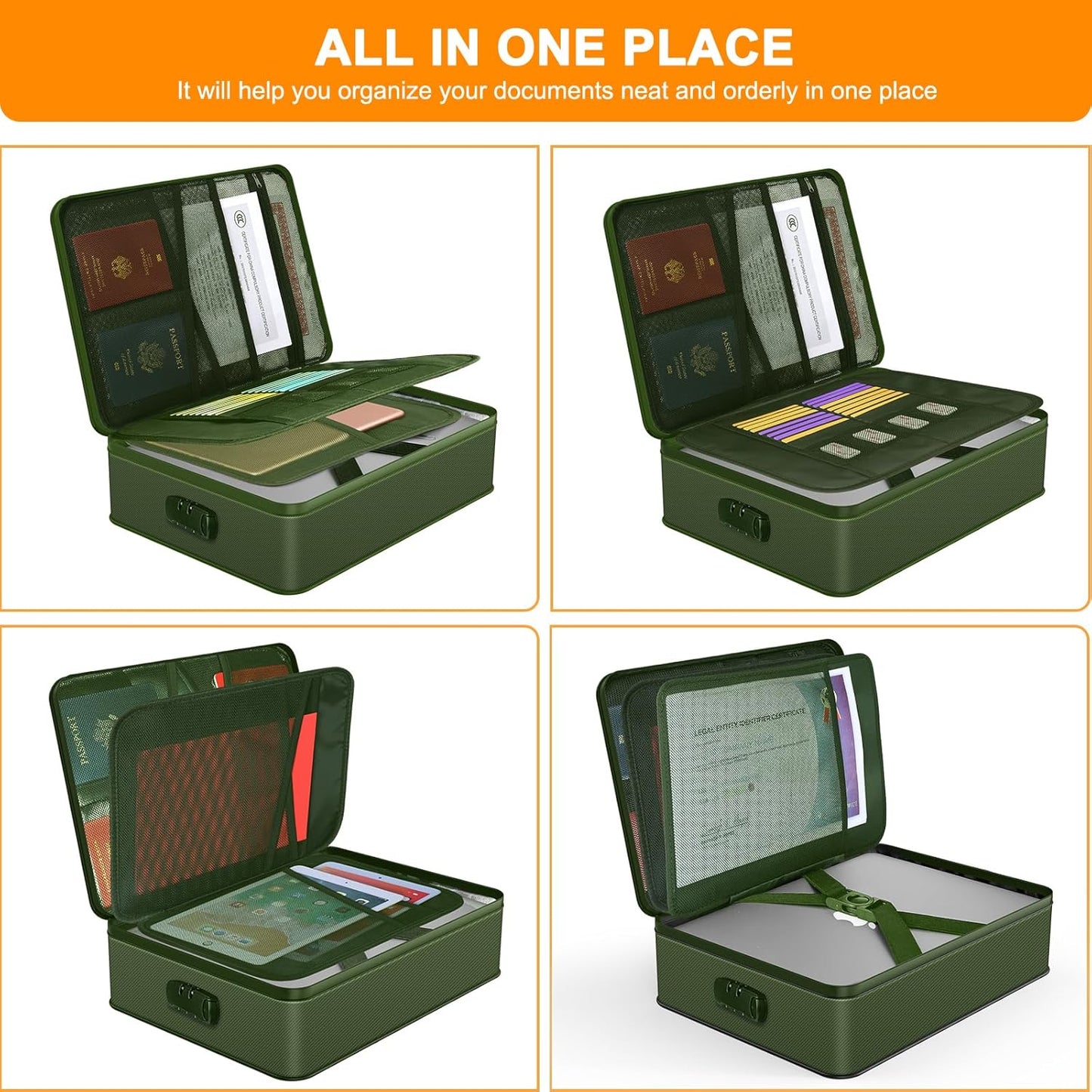 Document Organizer with 5200℉ Heat Insulated, 16.1"x11.4"x4.3" Waterproof and Fireproof Document Box with Lock, Home Strong Fireproof Safe Storage Box for Legal Size Documents and File,Green