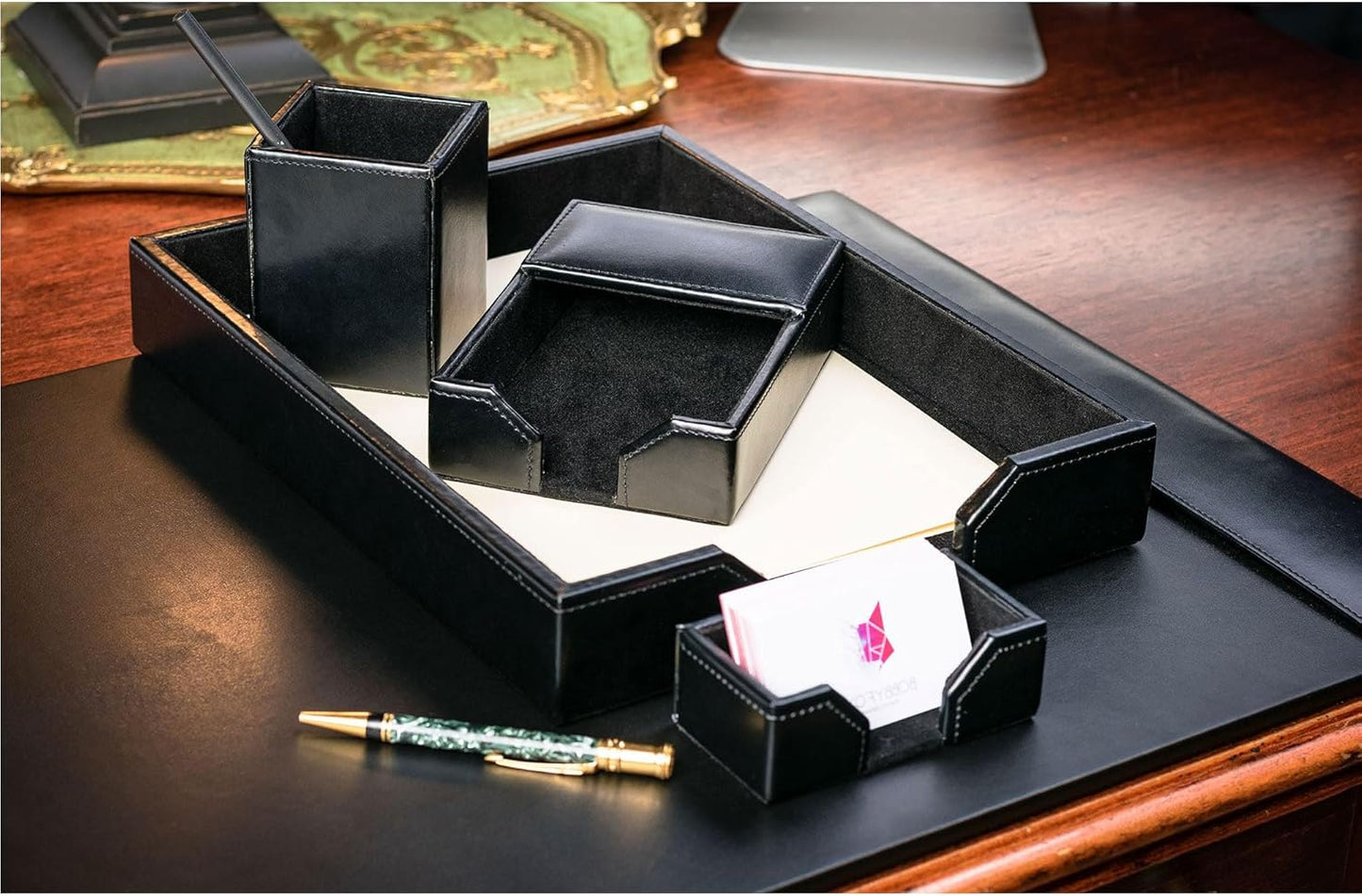 Dacasso Bonded Set Luxury Leather Desk Pad & Desk Organization Essentials, 5 Piece, Black