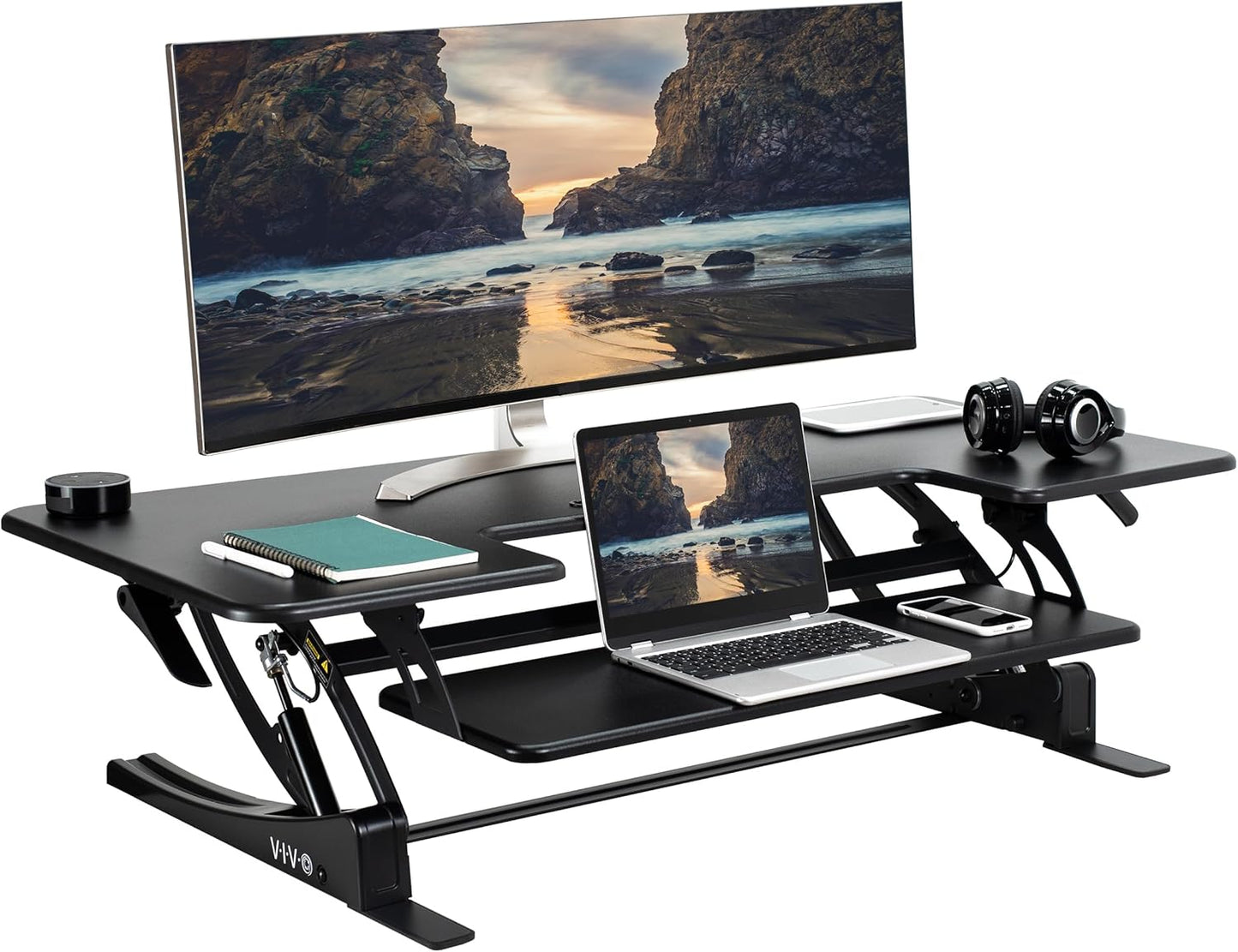 VIVO 48 inch Height Adjustable Large Stand Up Desk Converter, V Series, Quick Sit to Stand Tabletop Dual Monitor Riser Workstation, Black, DESK-V048V