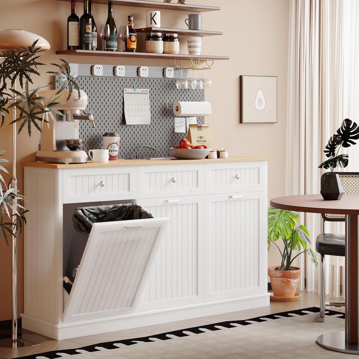 30 Gallon Tilt Out Trash Cabinet, Wooden Kitchen Trash Can Cabinet with Hideaway Drawer, Freestanding Laundry Hamper Garbage Recycling Cabinet on Wheels, Pet Proof, Triple, White