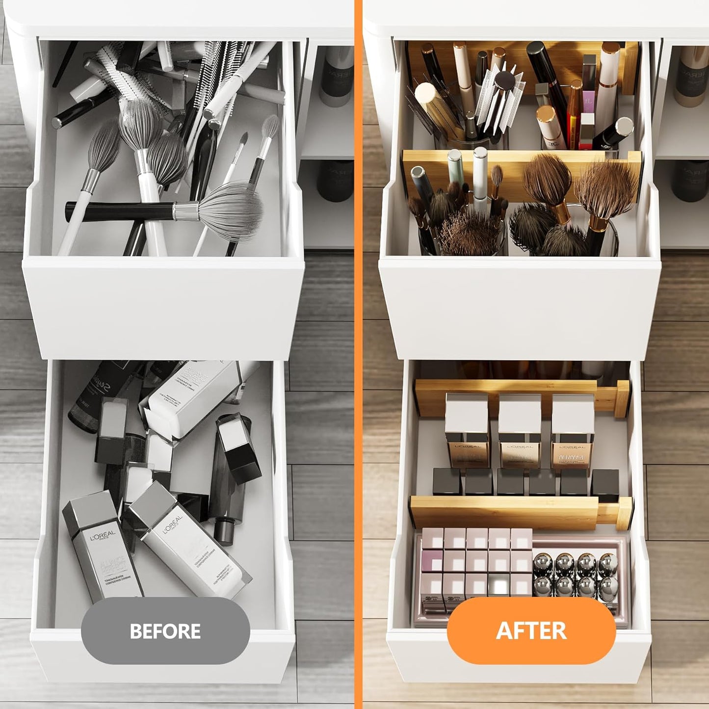 BAMEOS 4" High Bamboo Drawer Dividers - Adjustable Small Drawer Organizer - Kitchen, Dresser, Bathroom, Bedroom & Office - 4-pack