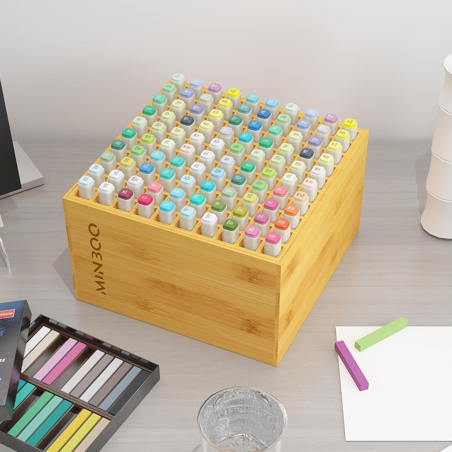 MinBoo Art Marker Storage Organizer for 100 Markers, Bamboo Art Supply Rack, Pens Color Pencils Paint Brushes Stationary Organizer Holder for Home Classroom Office Desk Decor