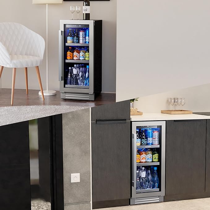 Ca'Lefort 15 Inch Beverage Refrigerator - 80 Can Small Beverage Fridge, Drink Fridge Glass Door 3 LED 34°F -54°F Beverage Cooler Built-in or Freestanding, Perfect for Home/Kitchen(3.0 cu.ft)