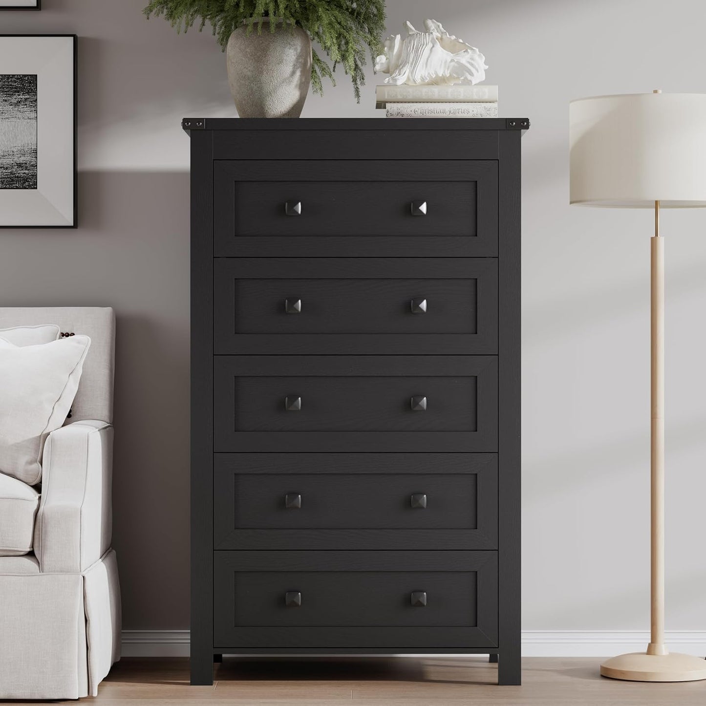 Tall 5-Drawer Dresser, Modern Wooden Storage Chest of Drawers, Dresser TV Stand, Wood Drawer Organizer with Metal Handles for Bedroom, Living Room, Hallway