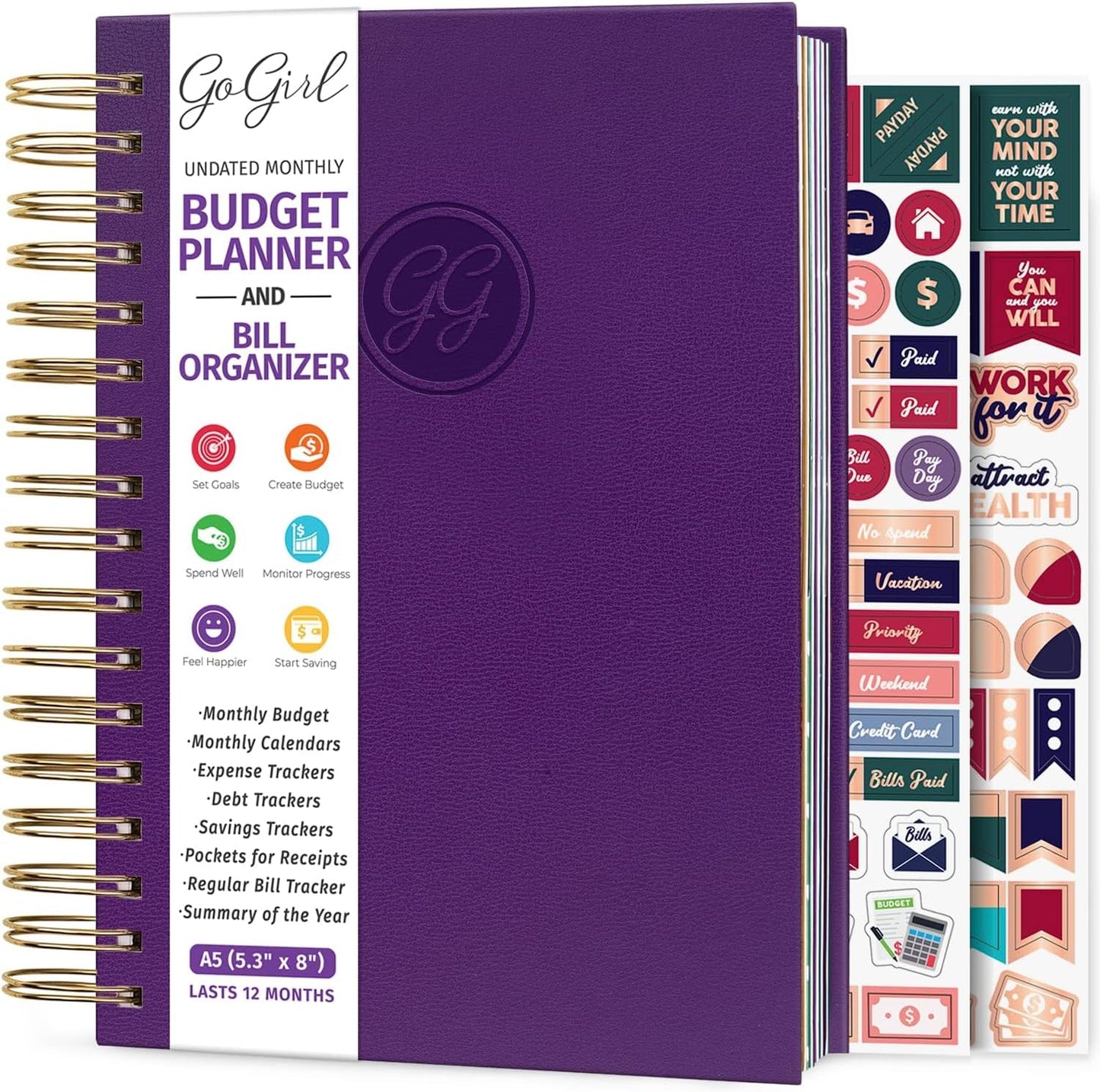 GoGirl Budget Planner & Monthly Bill Organizer – Monthly Financial Book with Pockets. Expense Tracker Notebook Journal, Compact (Purple)