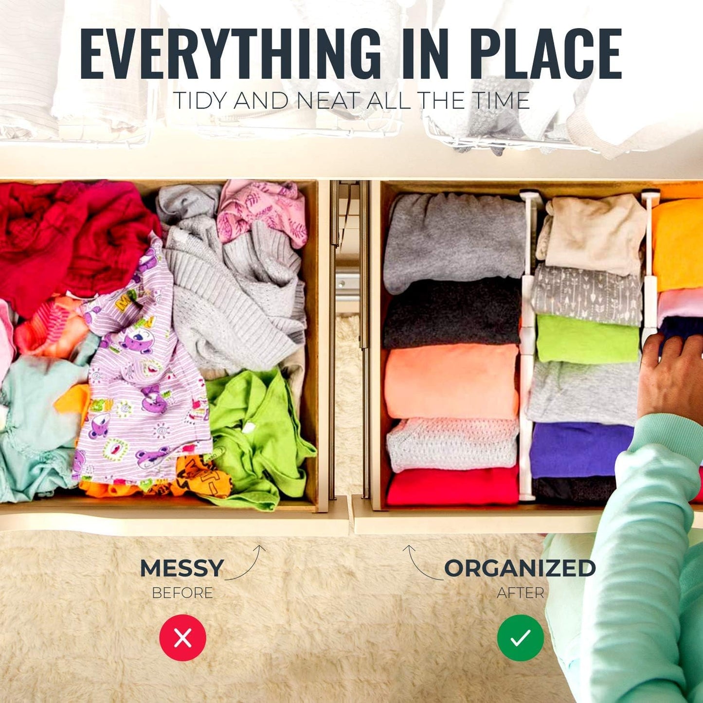 RAPTUROUS Adjustable Drawer Dividers, 2.5" Tall, Expandable 13-22", 3-Pack, Non-Slip for Dresser, Closet, Kitchen, Nursery, and Office (White)