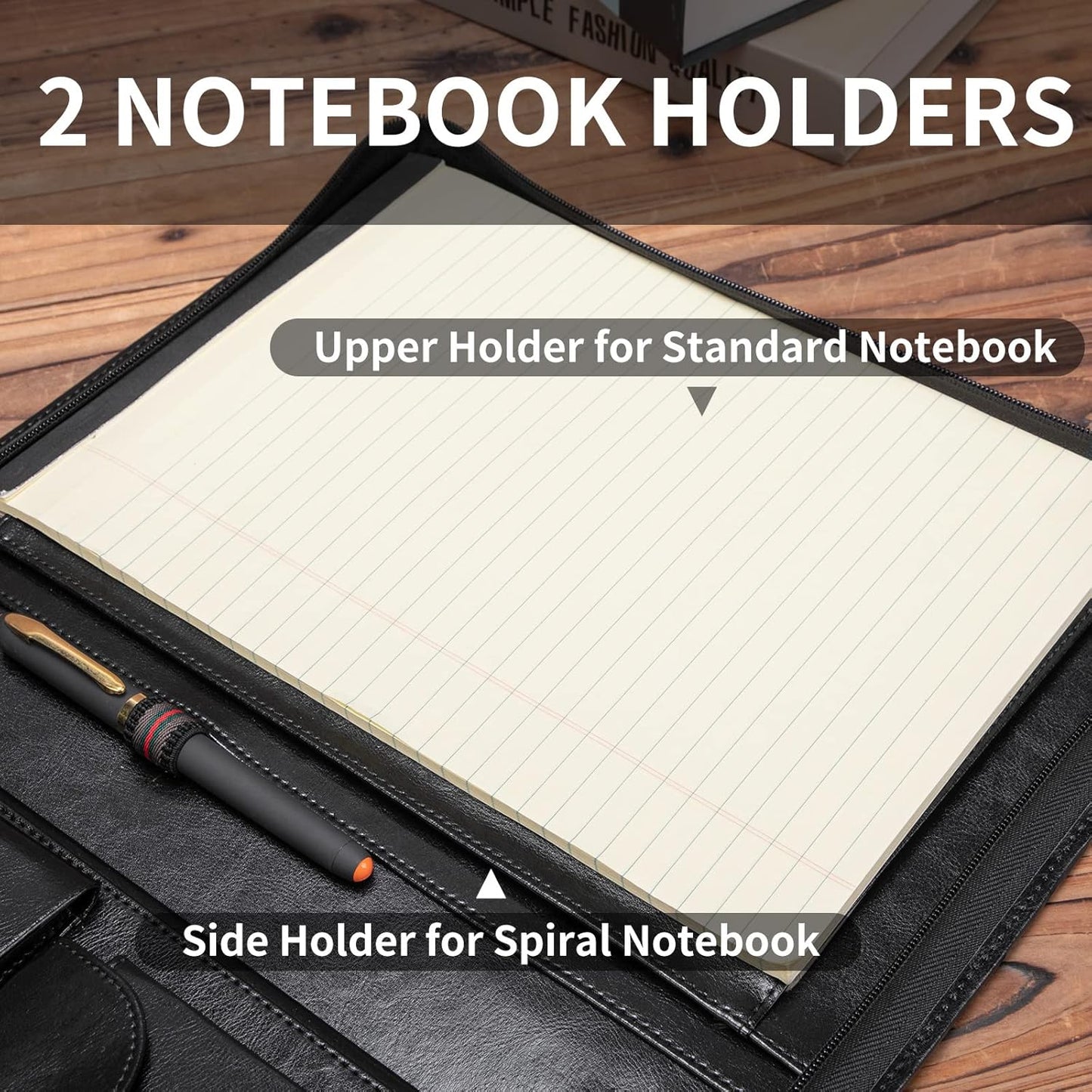 Vegan Leather Portfolio with Front Pocket for Men and Women, Zippered Padfolio Binder 8.5 x 11 Legal Pad Notebook Holder, Fits 13” Laptop, Professional Work File Case, Black