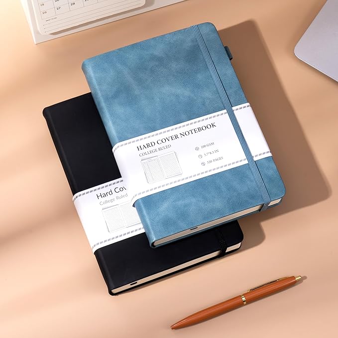 CAGIE 2 Pack Journals Notebooks for Women Men Leather Journals for Writing Hardcover A5 Journaling Notebooks Thick Journal Supplies Diary, Black& Blue