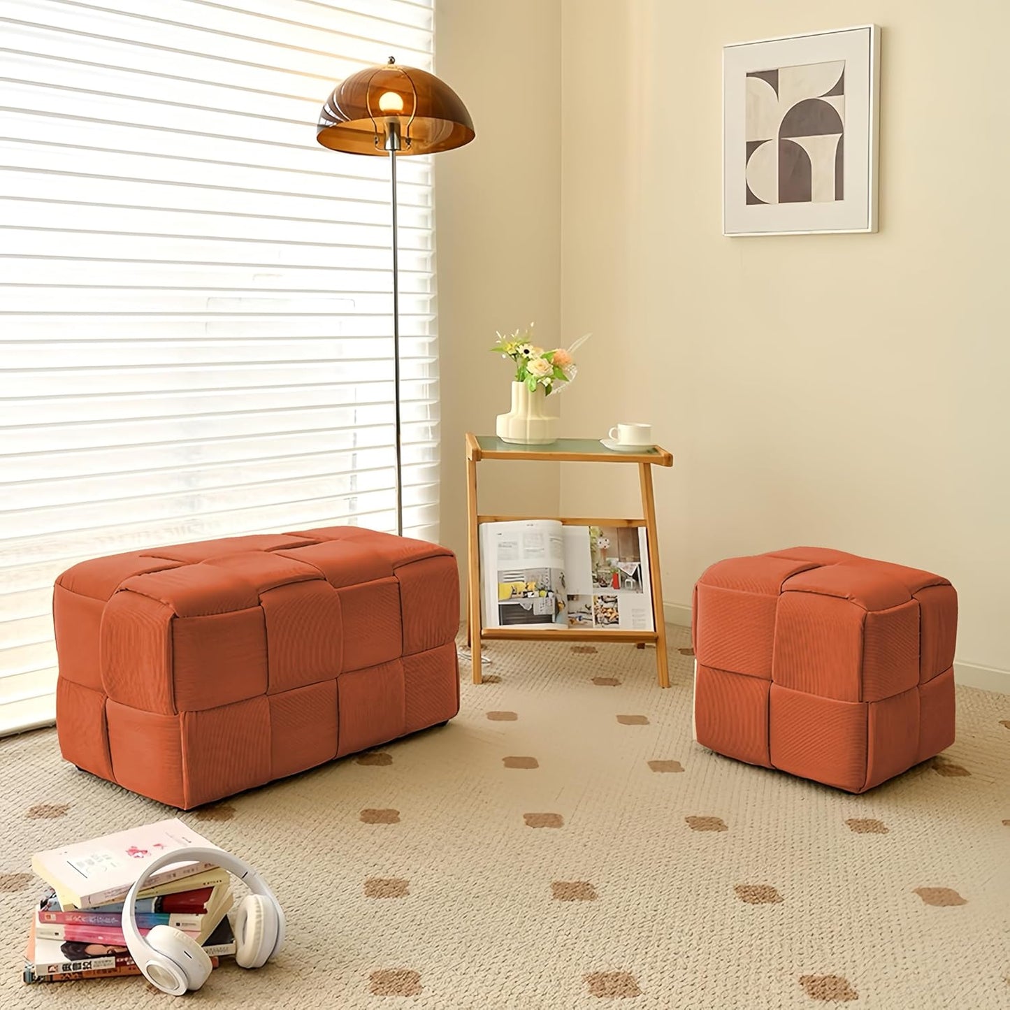 Ottoman Foot Rest Soft and Comfortable Ottoman Square Corduroy Woven Design Sofa Stool (Orange-L)