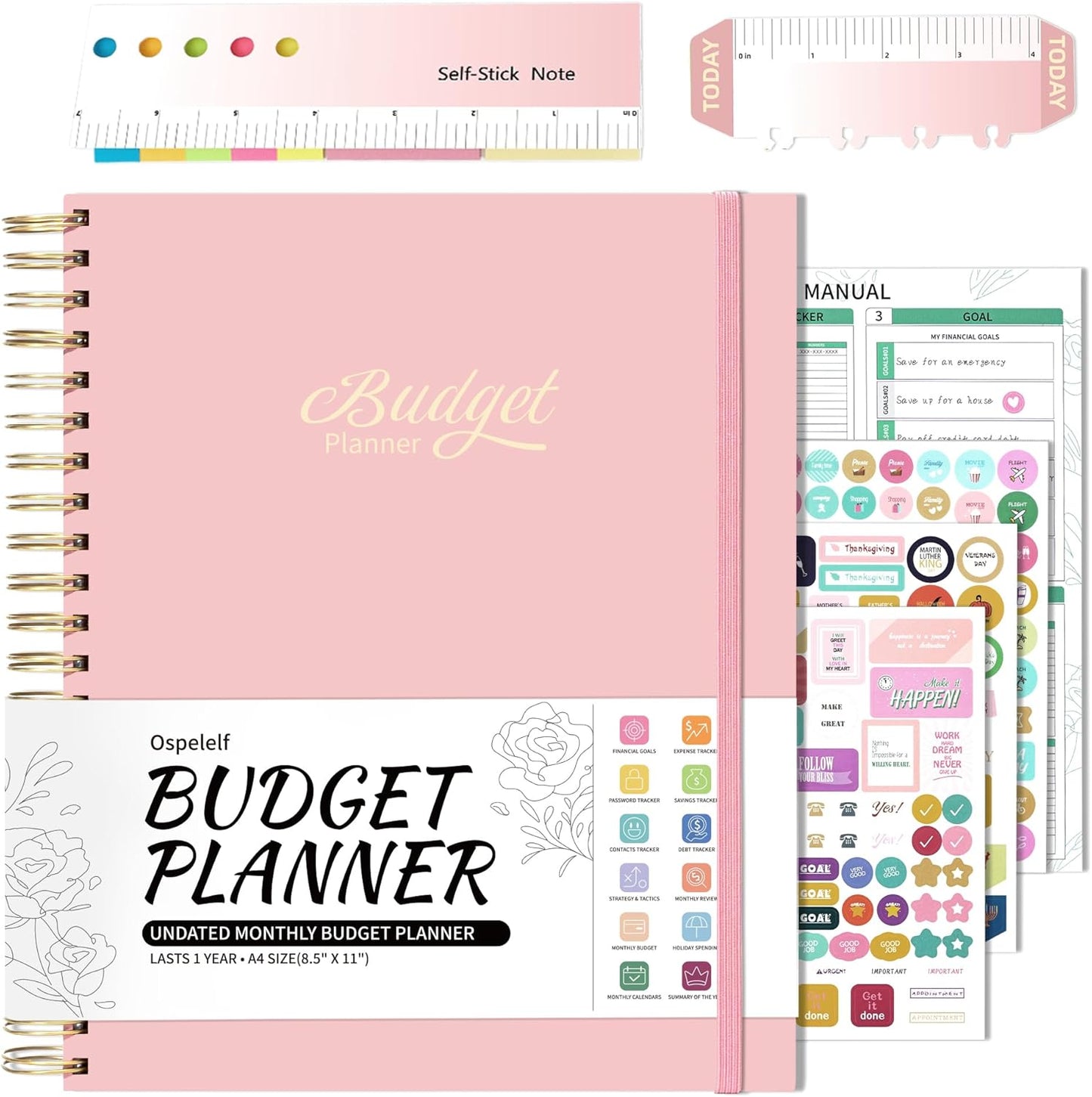 Ospelelf Budget Planner - Monthly Budget Book with Expense Tracker Notebook, Undated 12 Month Bill Organizer & Finance Planner, A4 Account Book with 12 Index Pockets, Zipper Pouch, Stickers(Pink)