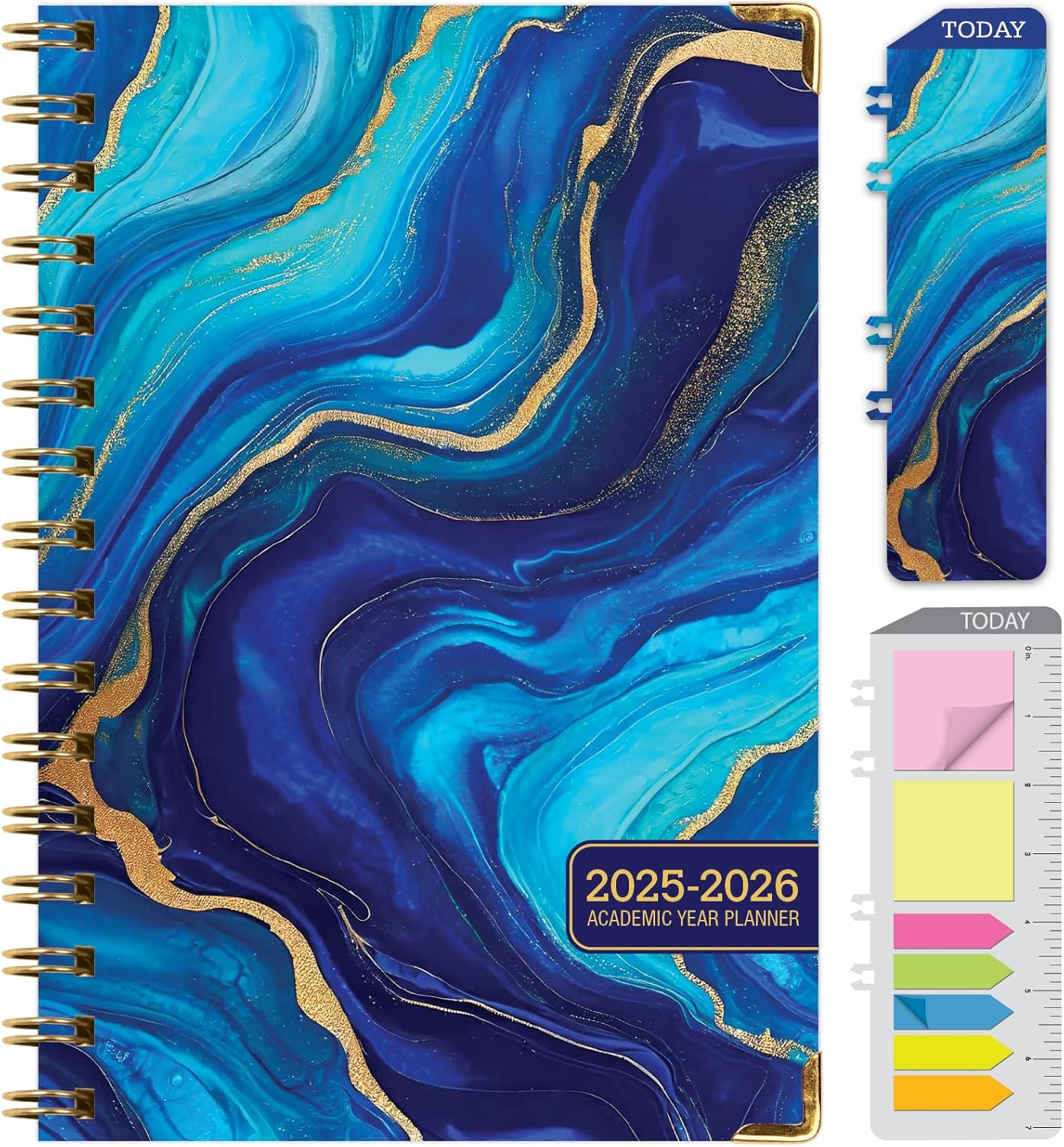 HARDCOVER Academic Year 2025-2026 Planner: (June 2025 Through July 2026) 5.5"x8" Daily Weekly Monthly Planner Yearly Agenda. Bookmark, Pocket Folder and Sticky Note Set (Dark Blue Marble)