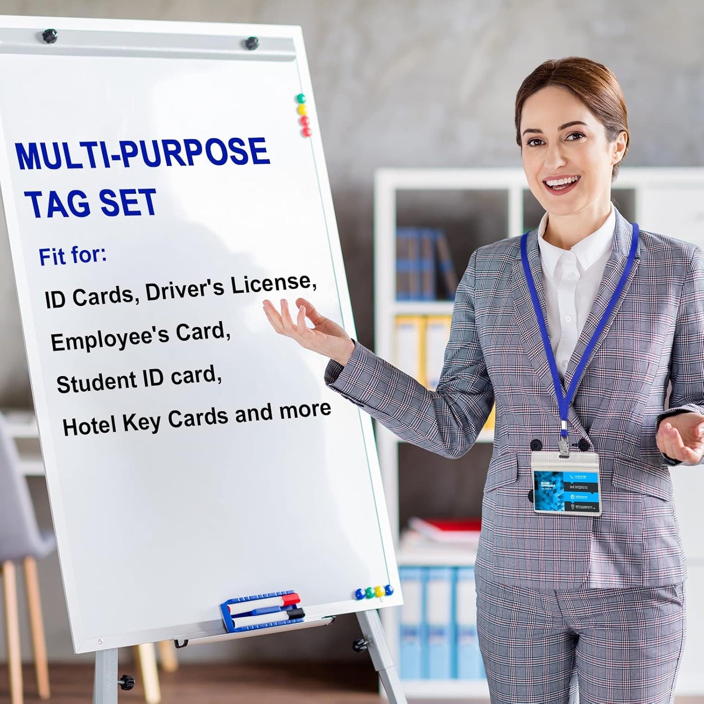 Marspark 100 Sets Clear Name Tags with Lanyard, Lanyards for ID Badges Reusable Strap with ID Holder Plastic Name Badges for Adults Business School Church Conference (Blue)