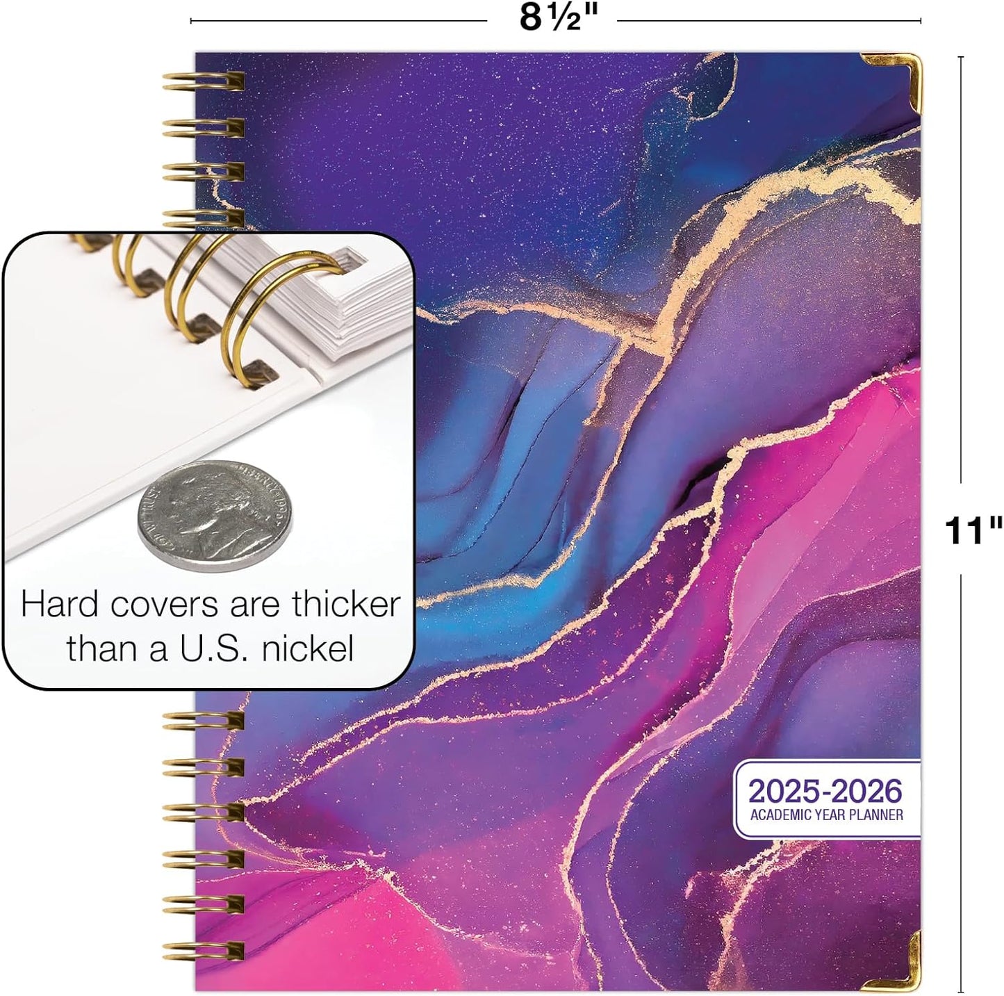 HARDCOVER Academic Year 2025-2026 Planner: (June 2025 Through July 2026) 8.5"x11" Daily Weekly Monthly Planner Yearly Agenda. Bookmark, Pocket Folder and Sticky Note Set (Pink Purple Marble)