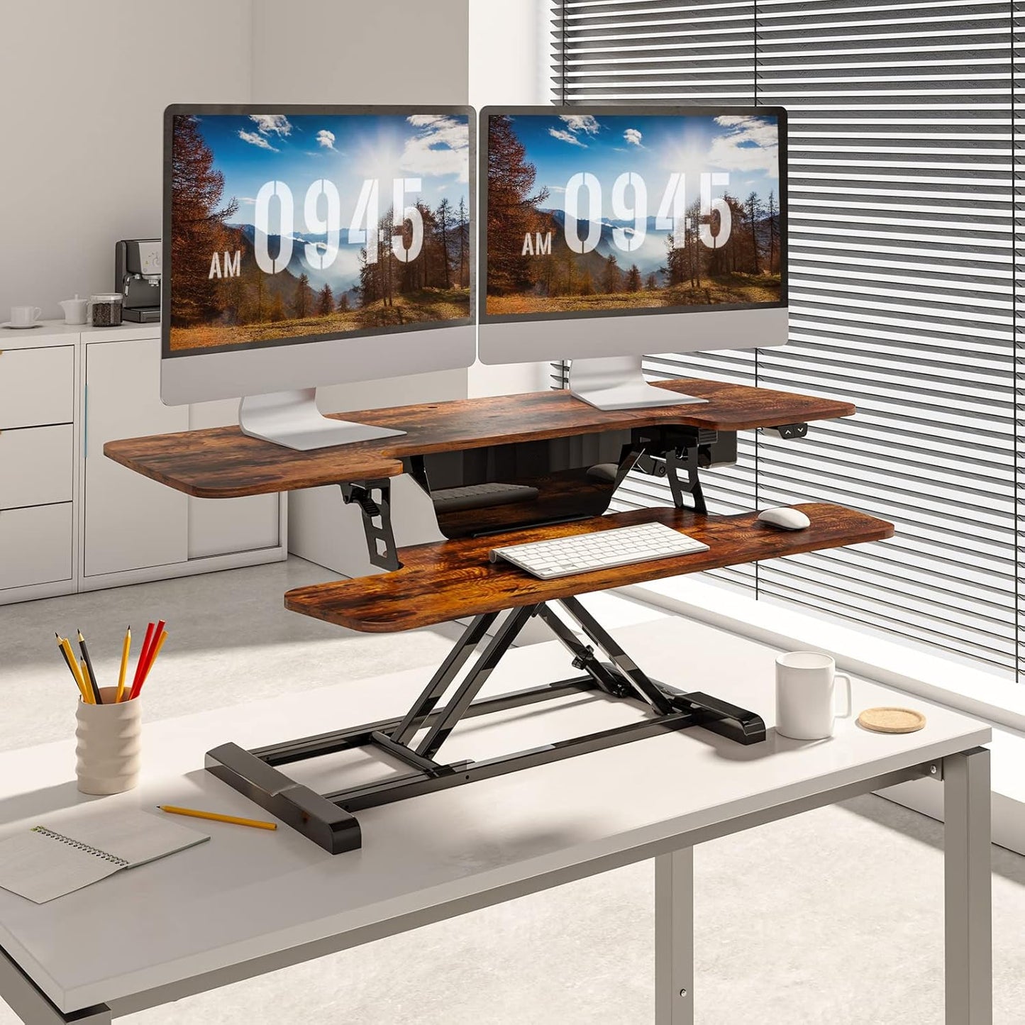 FLEXISPOT Electric Standing Desk Converter 42" Height Adjustable Desk 55 LBS Weight Capacity Motorized Stand up Desk Riser for Office Home,Rustic Color