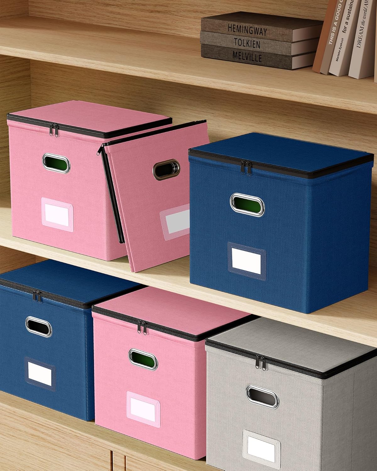 Oterri File Organizer Boxes with Lids, File Box with Mesh Pockets, Document Organizer Box for Letter Size Folders, Zippers Important Document Organizer (Beige, Small-1 Pack Without Folders)