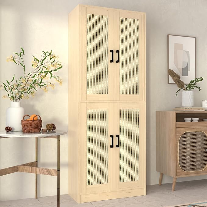 Oak Rattan Kitchen Pantry, 71" Tall Storage Cabinet with Doors, Boho Hutch for Dining Room
