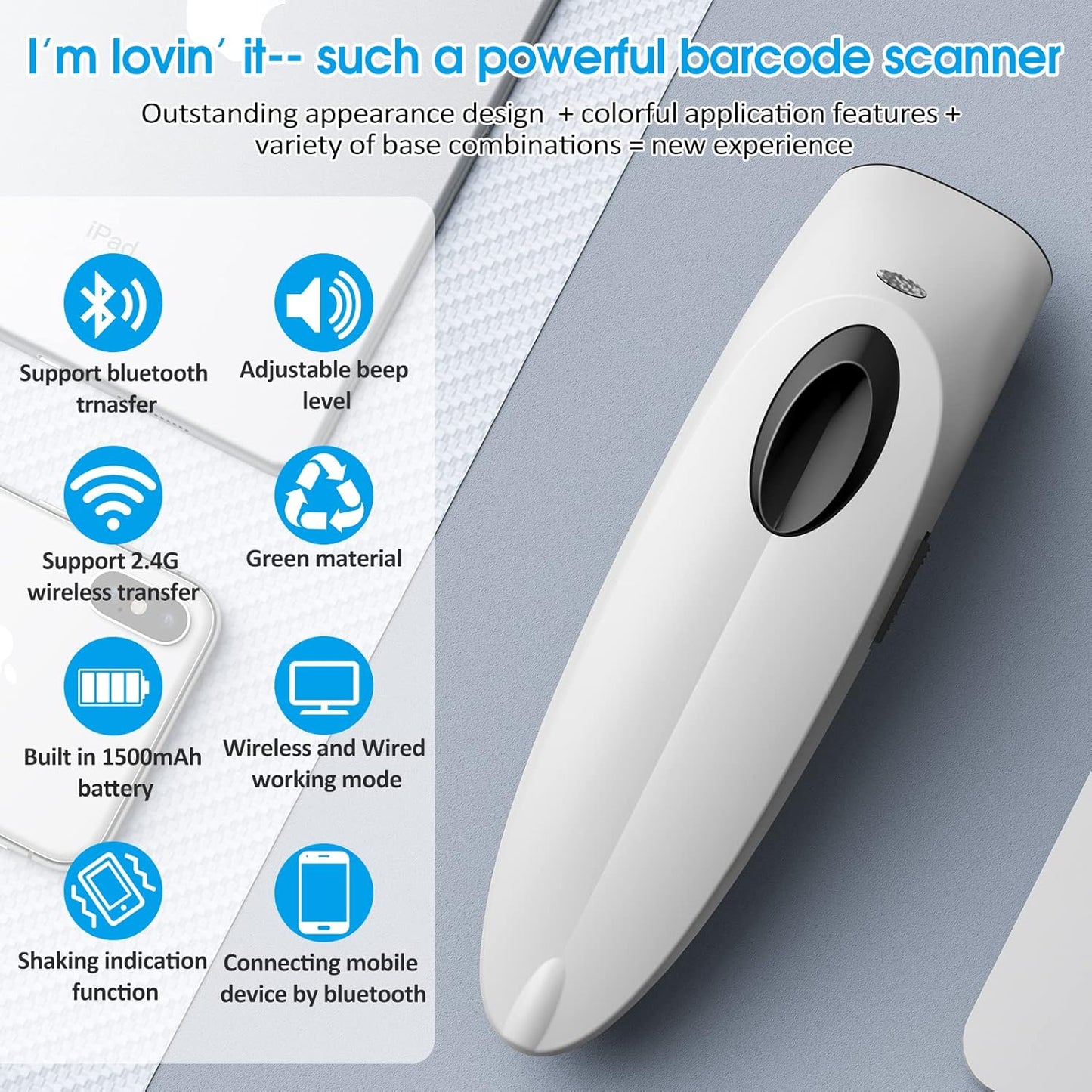 Alacrity1D 2D QR Barcode Scanner Compatible with 2.4G Wireless & Bluetooth Function & Wired Connection, Cordless Handheld Barcode Scanner Compact Plug and Play, Connect Smart Phone, Tablet, PC White