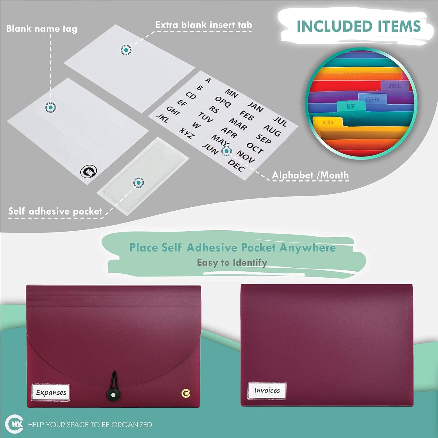 CNK File Folders Organizer with 13 Pockets Accordion Expanding Folder For Documents Receipt Document Paper Pocket Filing Products Accordian Important expandable holder files alphabetical Labels Letter