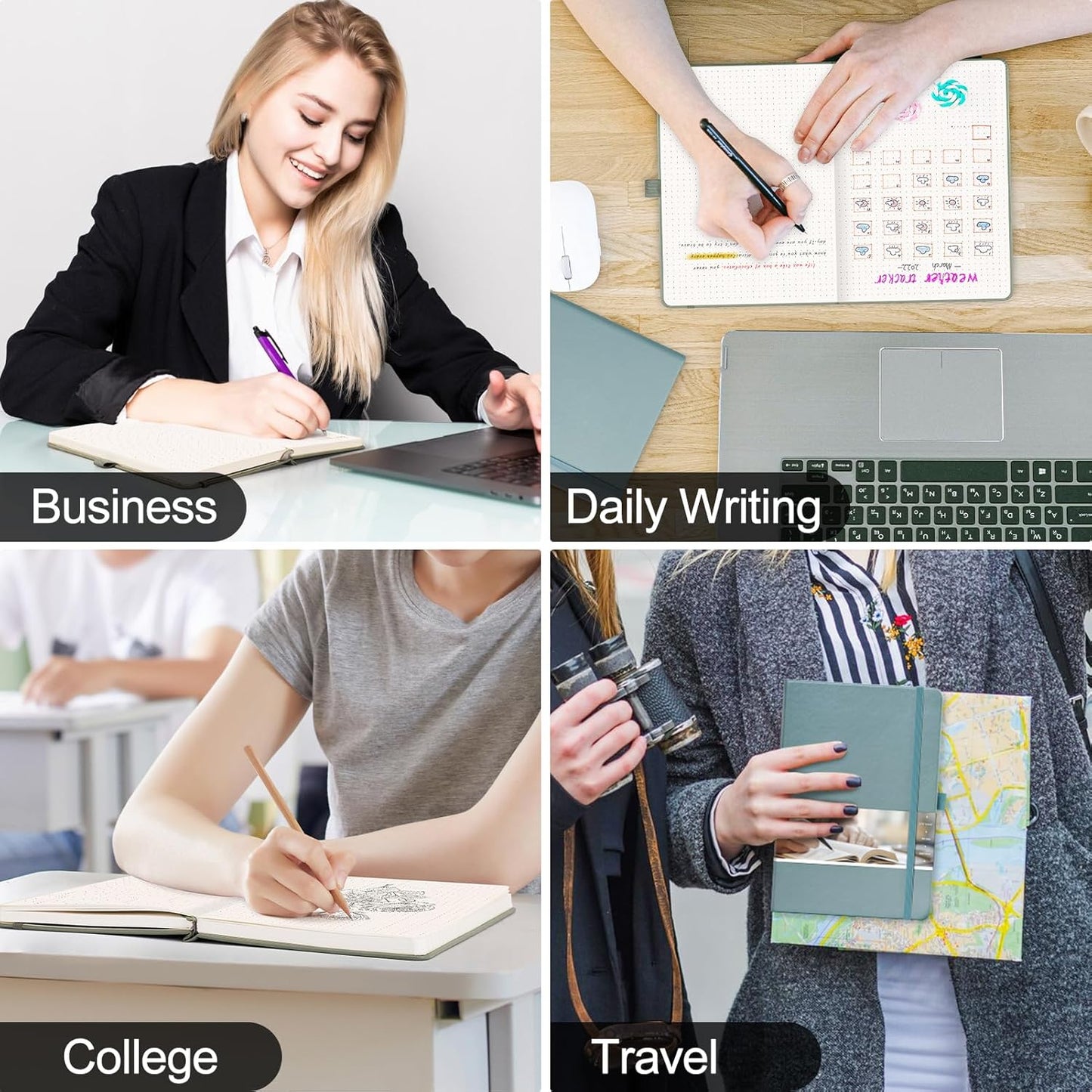 EMSHOI Dotted Notebook - 256 Pages A5 Dot Grid Journal Bullet Notebook with 120gsm Thick Dotted Paper,16 Perforated Pages, Hardcover Leather, Pen Holder, Inner Pocket, 5.75'' × 8.38''-Khaki