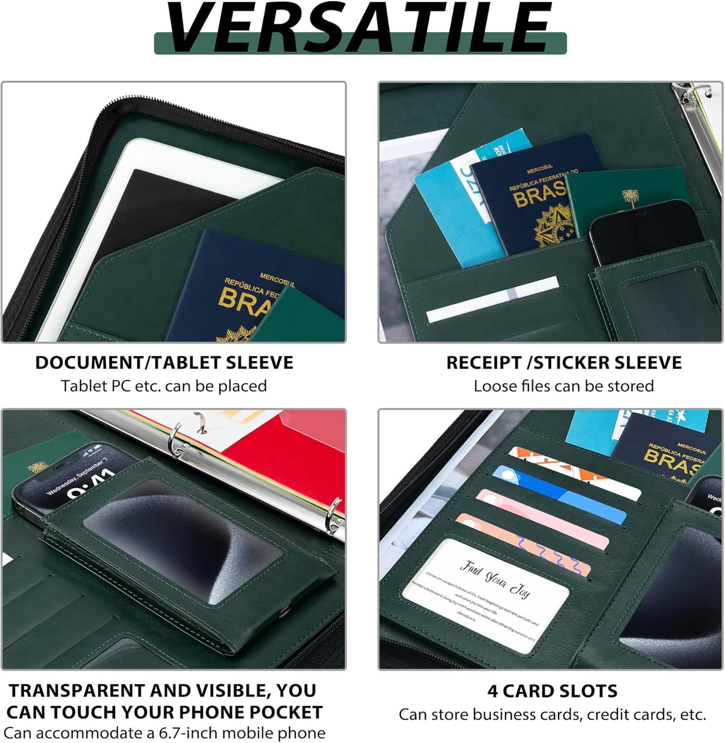 Leather Clipboard with Storage, Zippered Padfolio Portfolio Organizer, 3 Ring Binder 1 Inch, Notepad, Tablet Sleeve, 5 Dividers with Pocket, Stickets for Office, Nurses, Students, Teachers Green