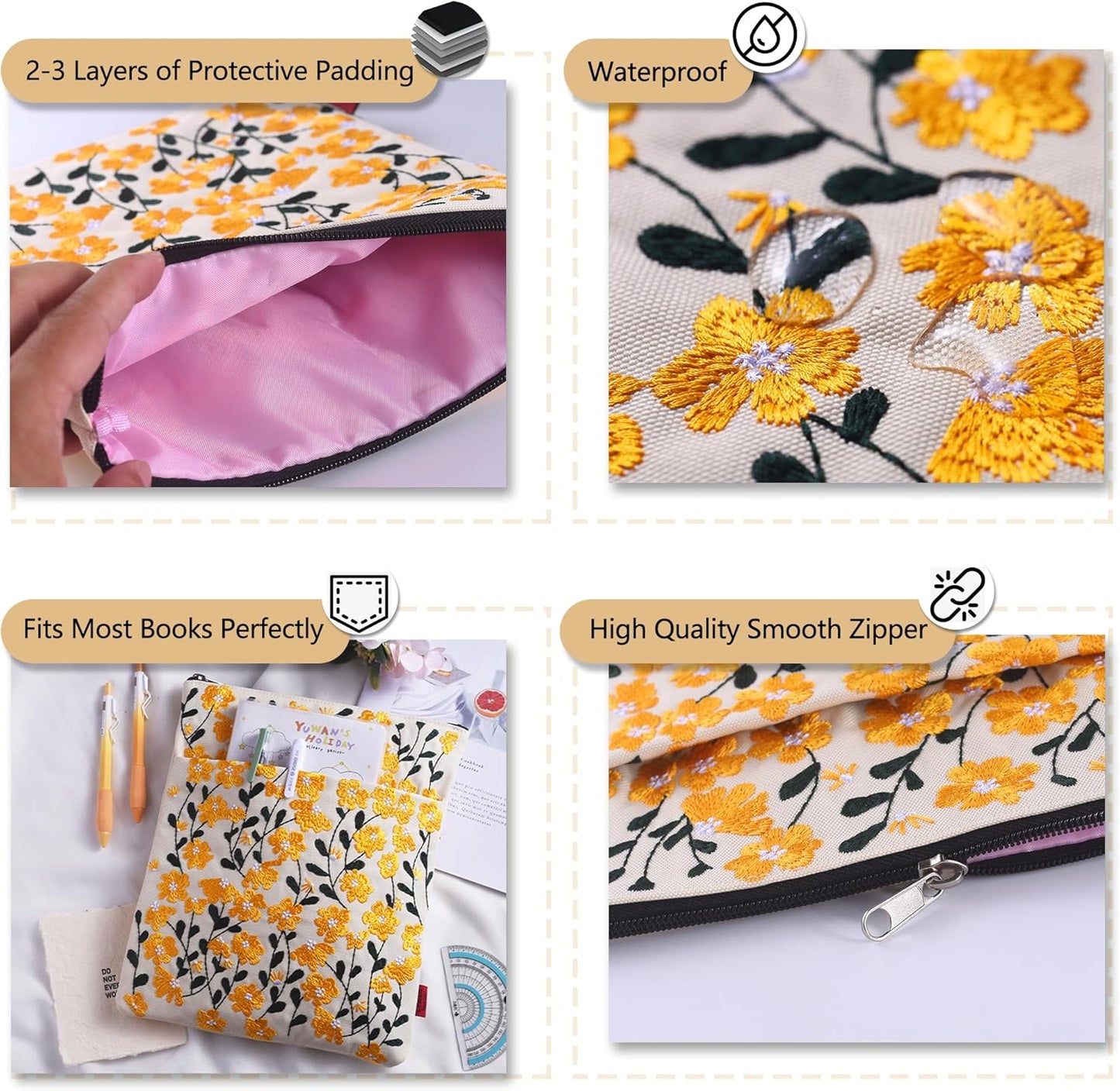 LParkin Embroidered Daisy Flower Book Sleeve with Zipper - Washable Fabric Book Cover Protector for Paperbacks & Hardcover, Gift for Book Lovers (Yellow, 11x8.5 Inch)