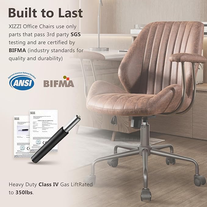 Mid Century Modren Office Chair - Mid Back Swivel Executive Chair with Lumbar Support,Ergonomic Computer Desk Chair with Wheels,Faux Lether Suede Task Chair,350lbs (Dark Brown, Mid Back)