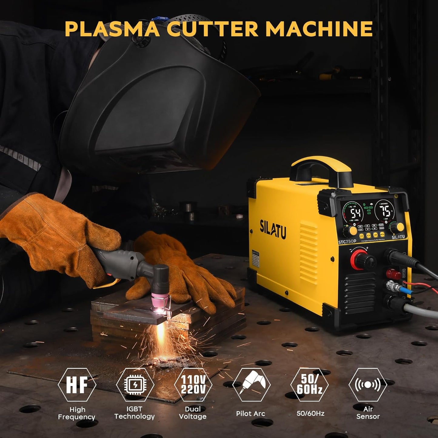SILATU 75Amps Plasma Cutter, Large LED Display, Non-Touch Pilot Arc, Air Sensor Technology, 110/220V Dual Voltage IGBT Inverter Plasma Cutter Machine, 1'' Max Cutting Thickness for Beginners DIY