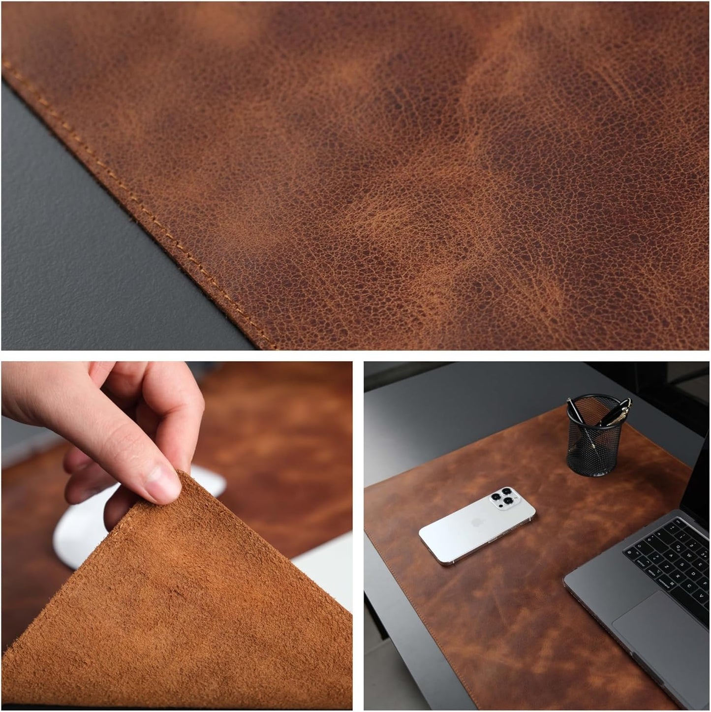Jersey Genuine Calfskin Leather Desk Pad, Office Desk Mat with Non-Slip Bottom, Smooth Surface for Mouse & Keyboard, Desk Protector (36x19 inches) (Antic Tan)
