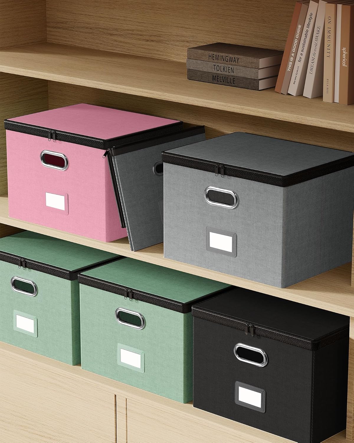 Oterri 2 Pack Large File Organizer Boxes with Lids, File Box with Mesh Pockets, Document Organizer Box for Letter/Legal Size Folders, Zippers Important Document Organizer (Black, Without Folders)