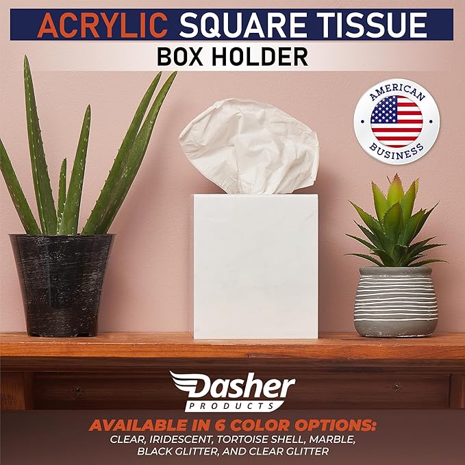 Acrylic Tissue Box Holder, Square Dispenser for Facial Tissues, Napkins, and Dryer Sheets. Perfect for Bathrooms, Desks, Countertops, Vanities, Bedrooms, and Nightstands (Square, Marble)